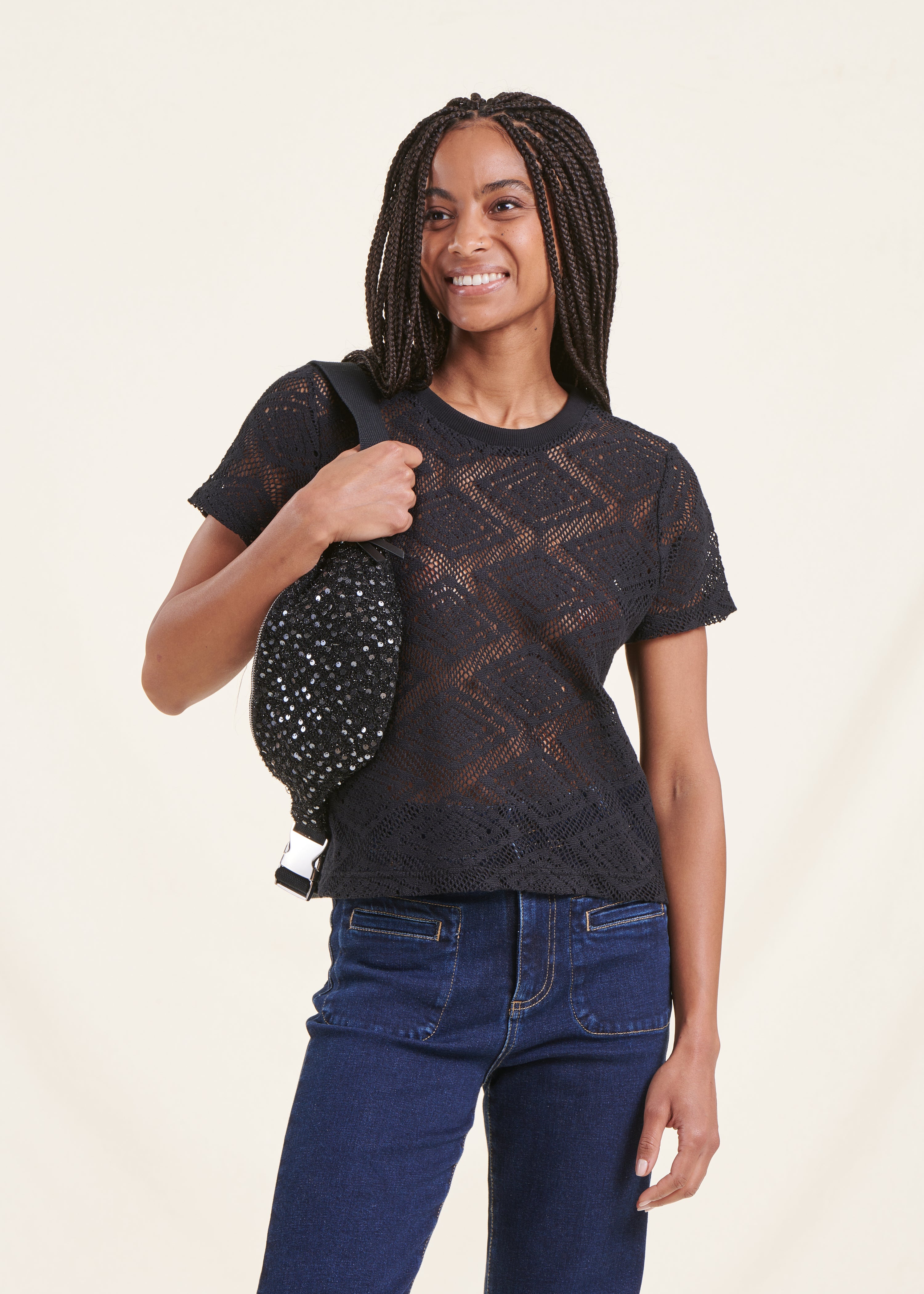 black short-sleeved organic cotton lace t-shirt