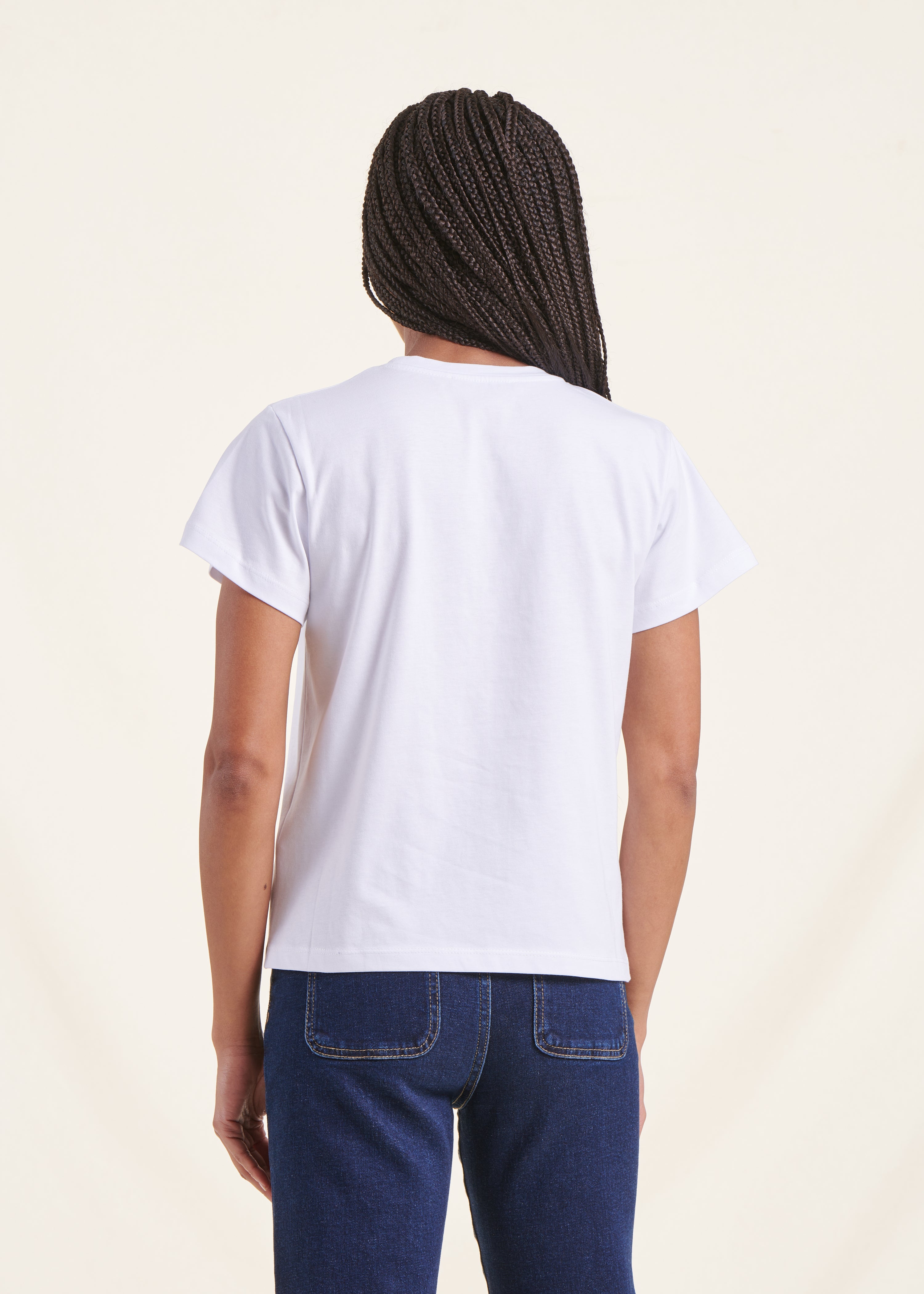 white short-sleeved cotton t-shirt with writing