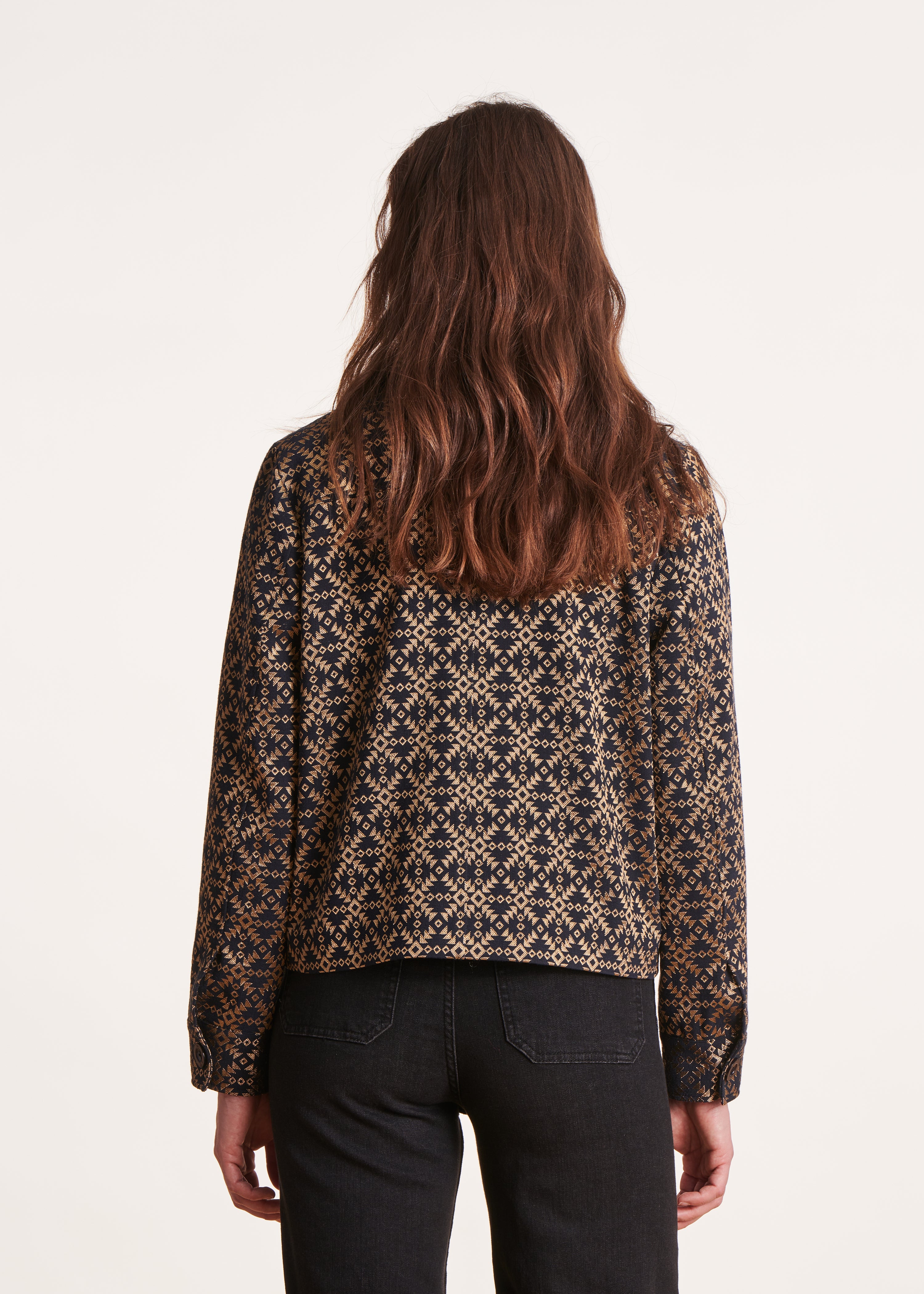 Short black and gold jacquard jacket