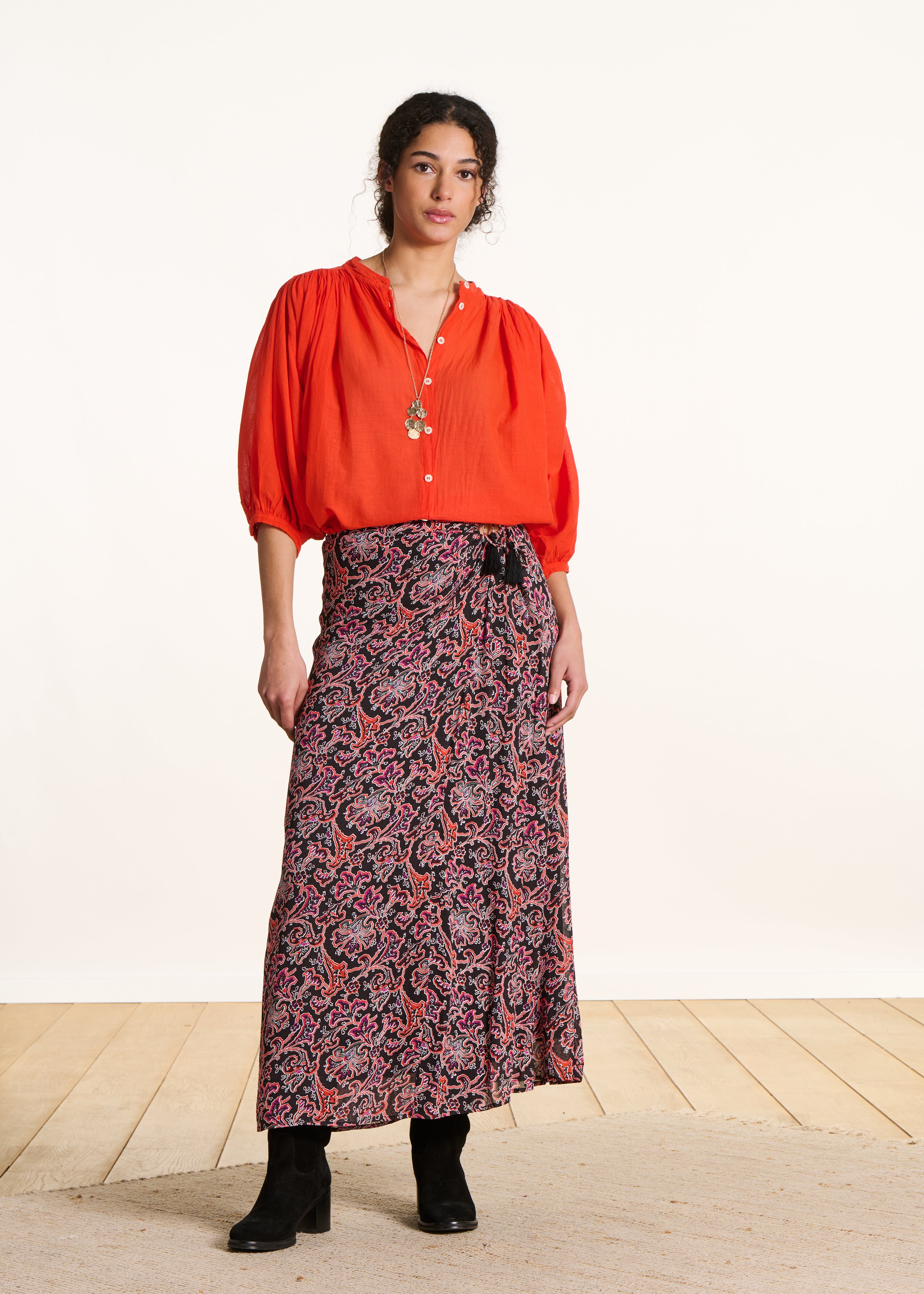 Camisa naranja de voile de algodón fluido