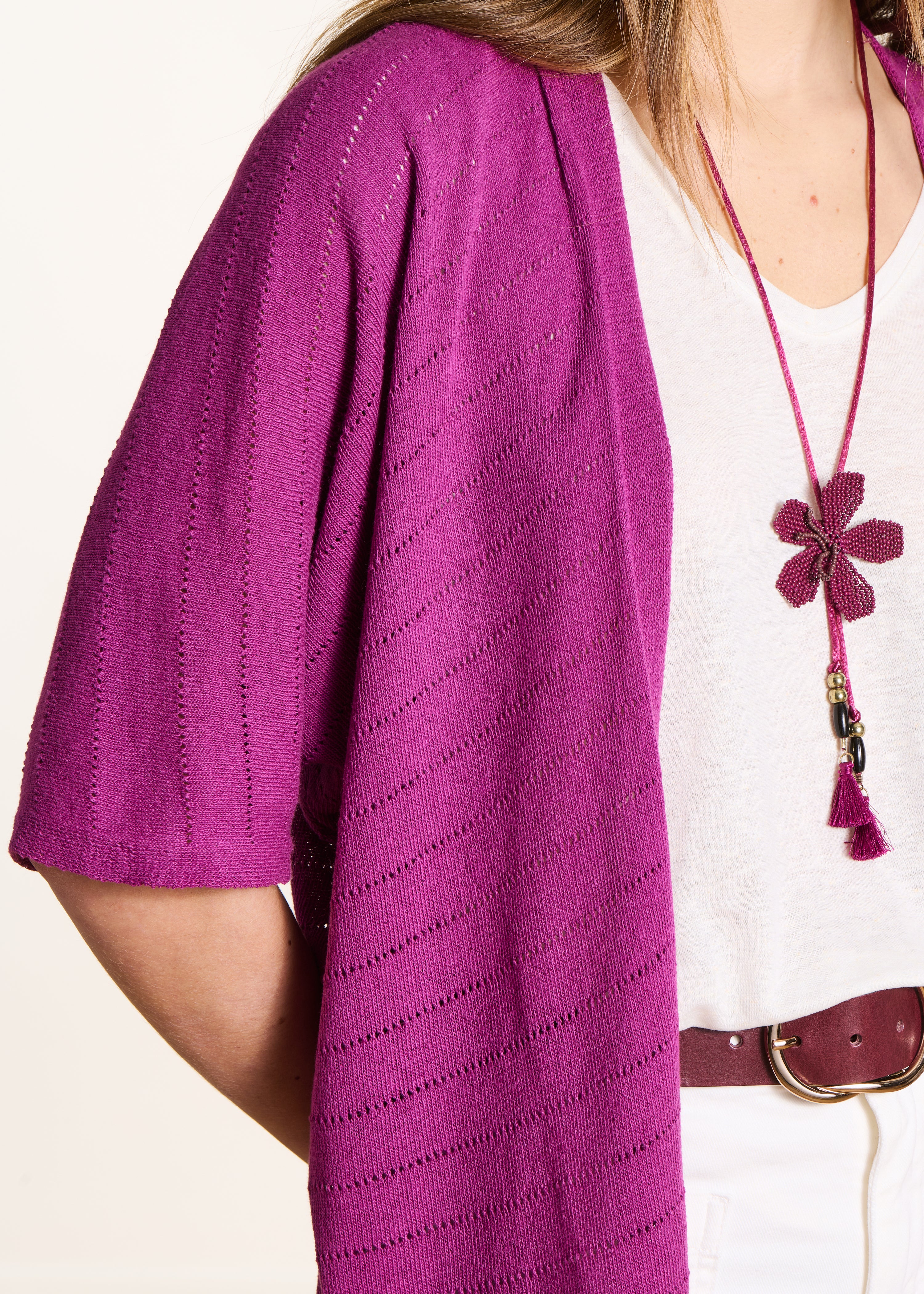 Lightweight purple openwork vest with short sleeves