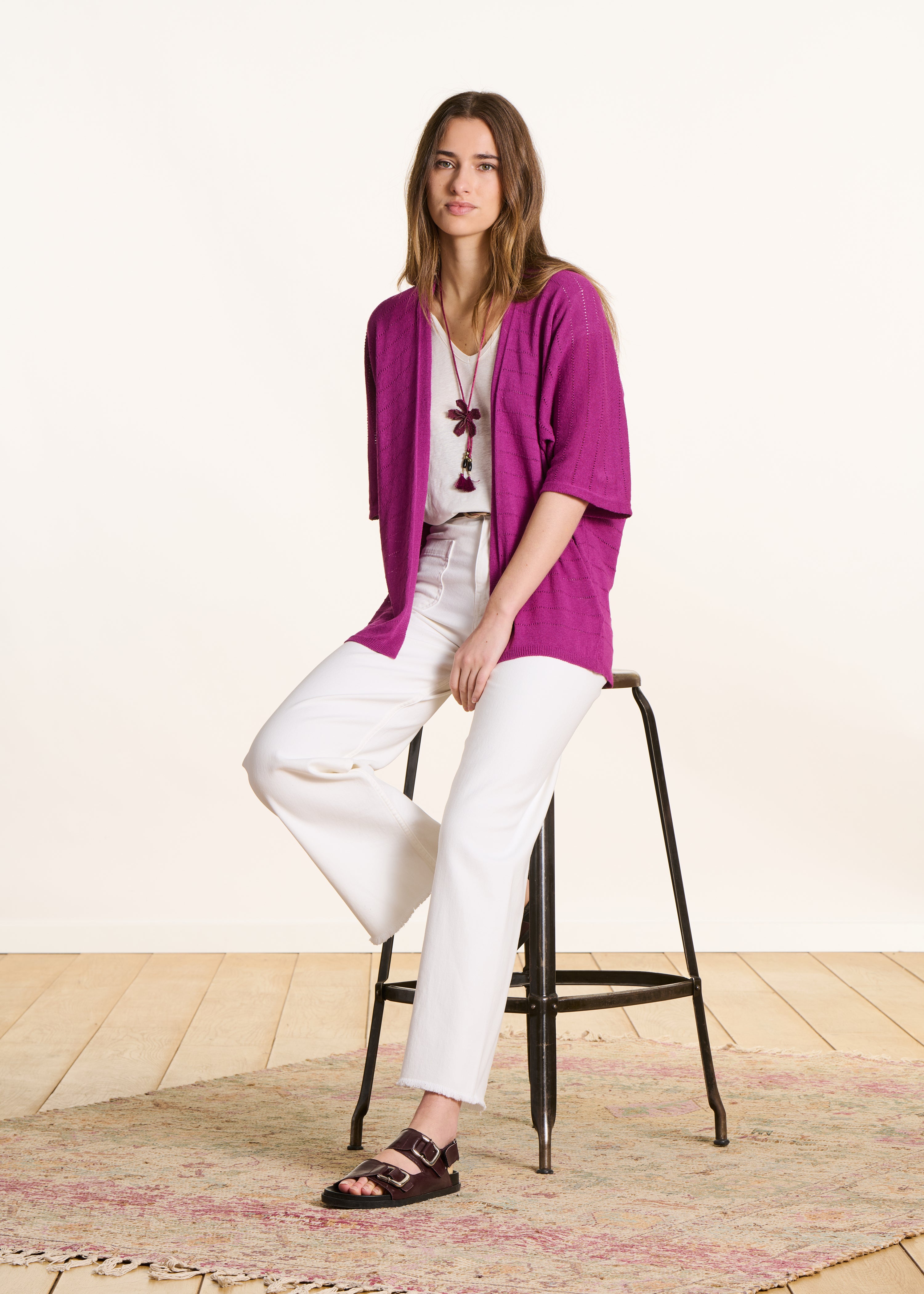 Lightweight purple openwork vest with short sleeves