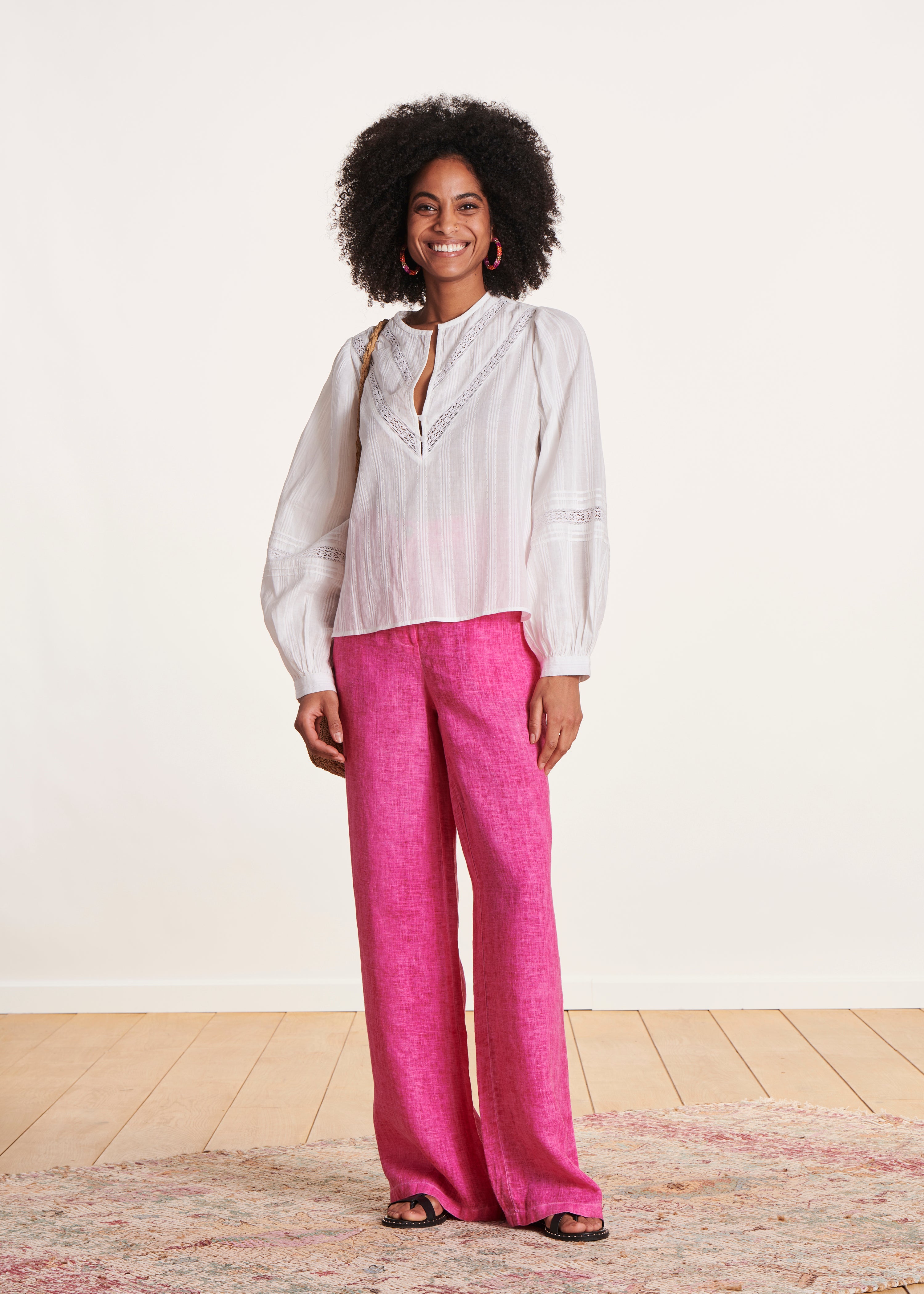 Pantalon droit et large rose en lin taille haute La Fée Maraboutée