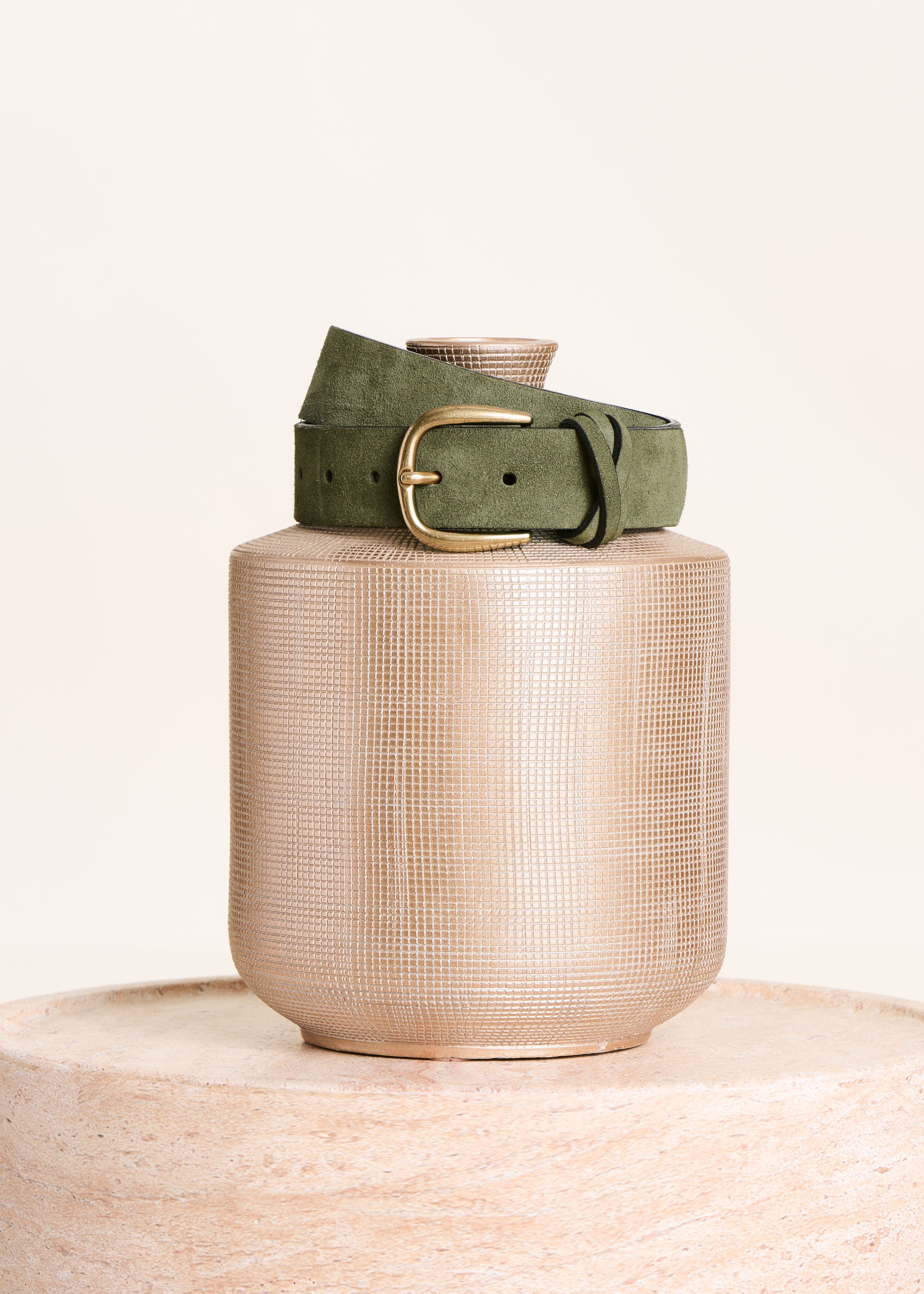 Khaki leather belt with elongated buckle