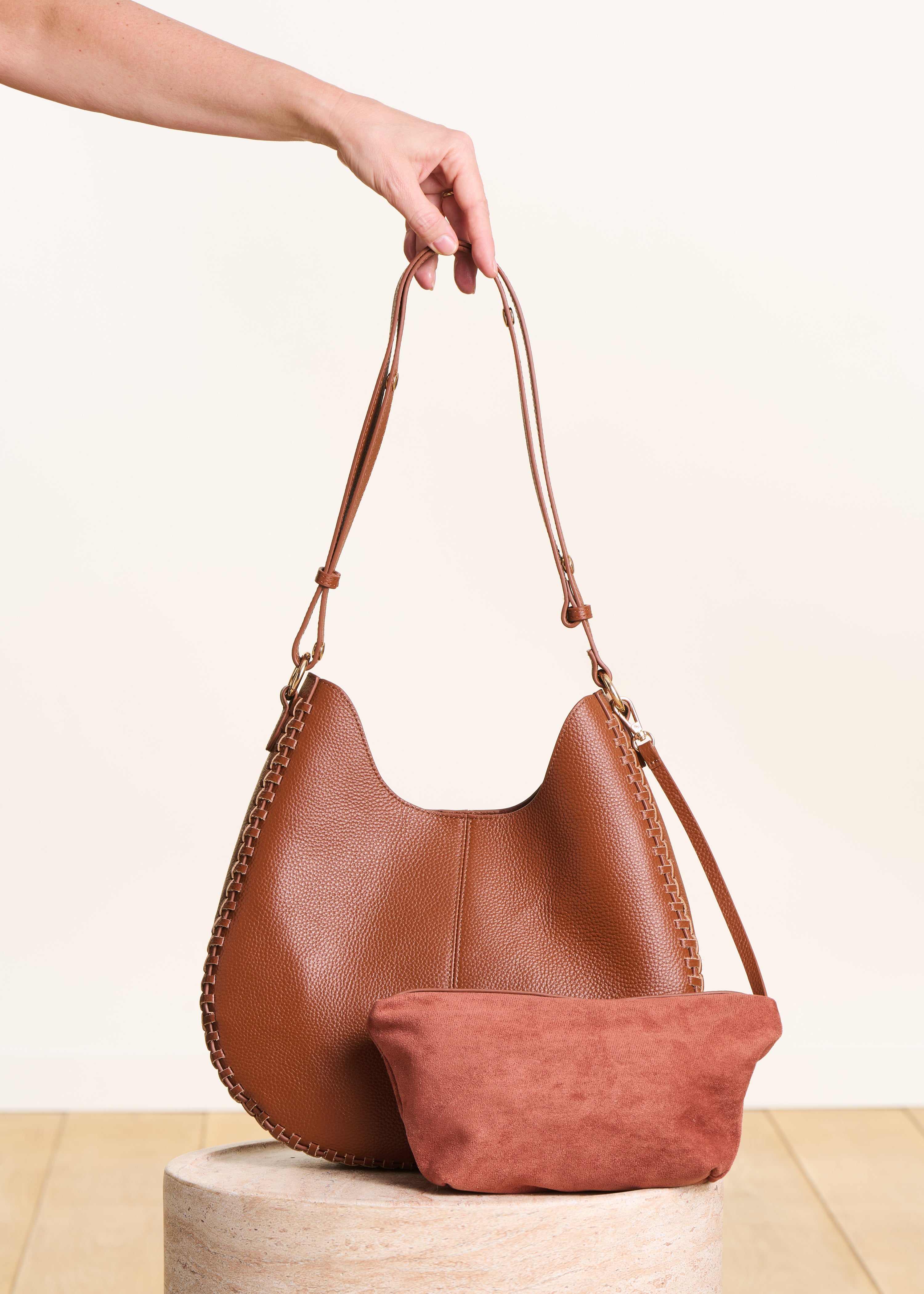 Camel grained leather hobo bag
