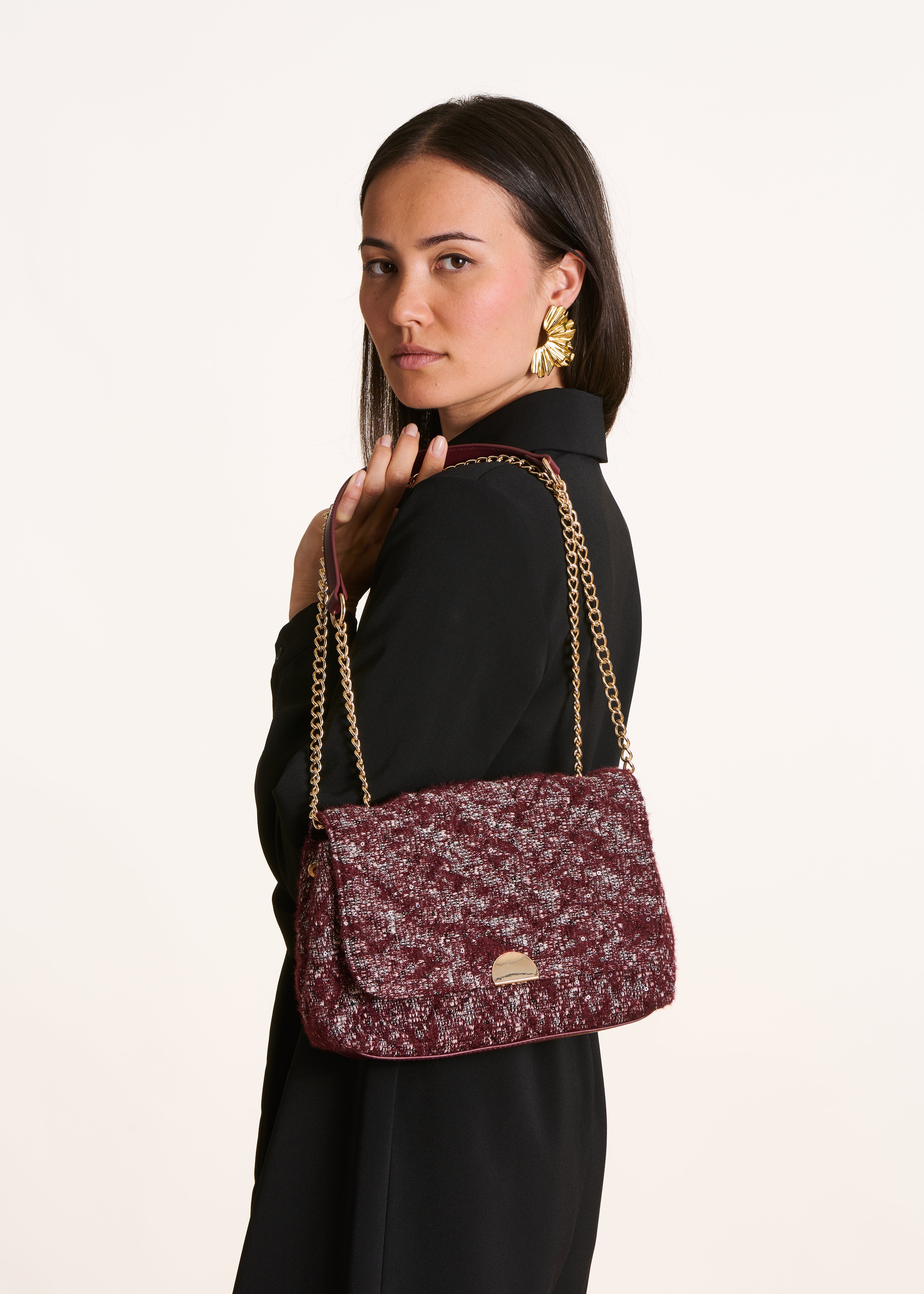 Sac besace bordeaux en cuir et tweed avec anse chaîne