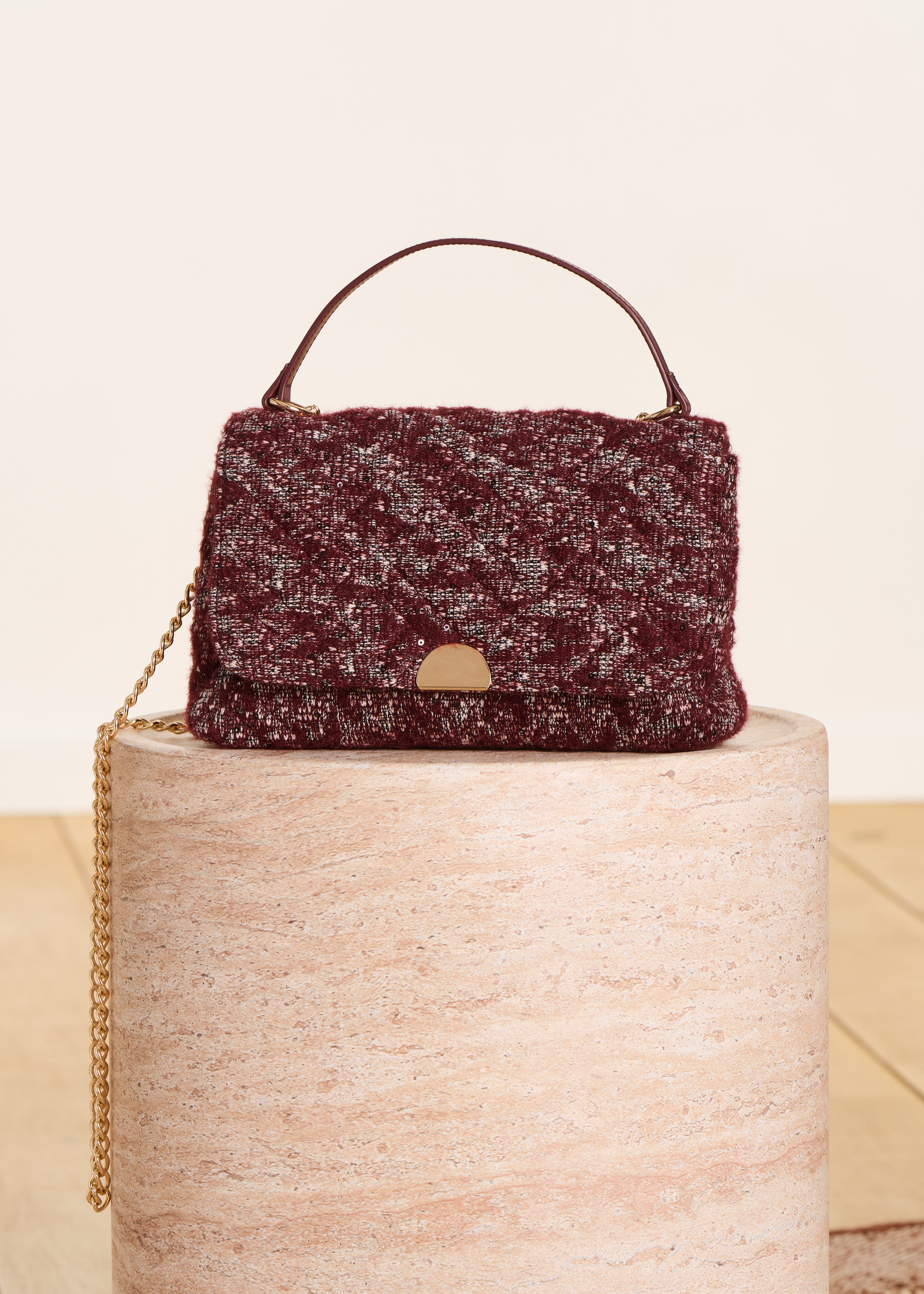 Sac besace bordeaux en cuir et tweed avec anse chaîne