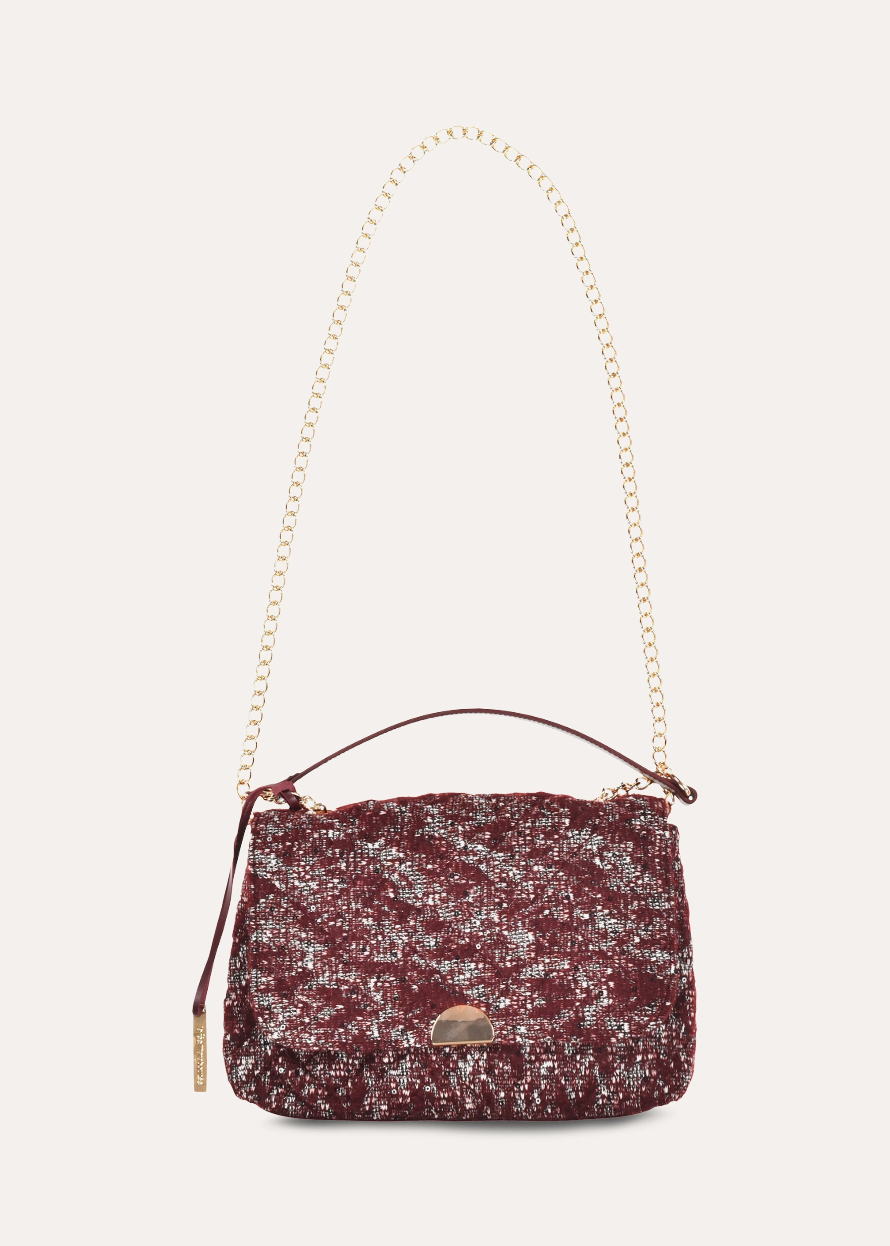 Sac besace bordeaux en cuir et tweed avec anse chaîne