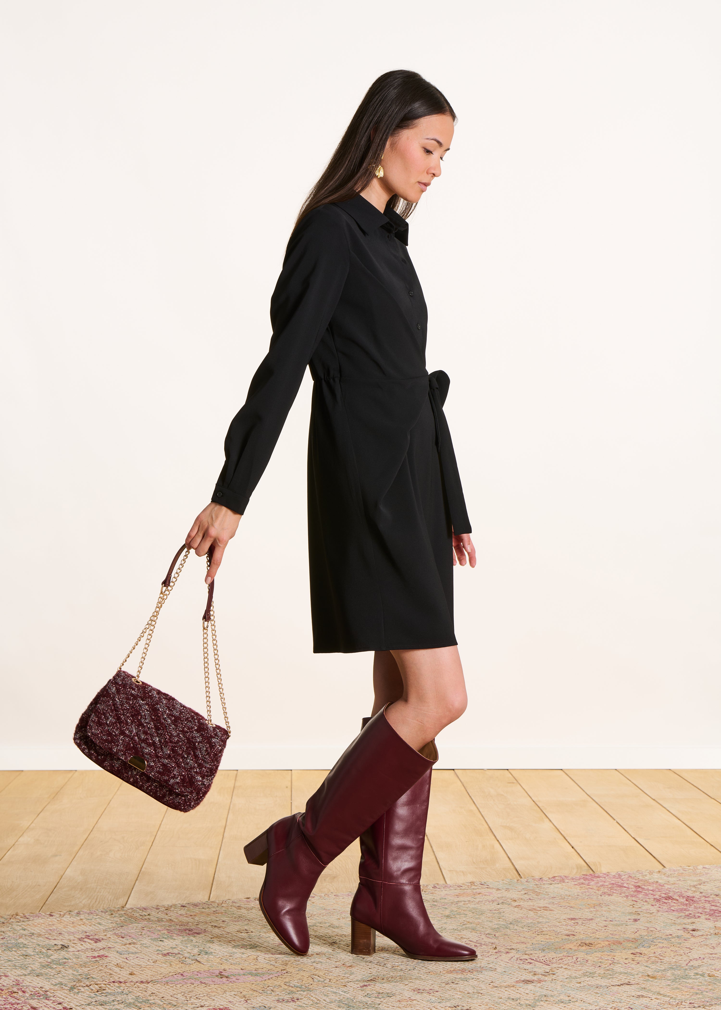 Sac besace bordeaux en cuir et tweed avec anse chaîne