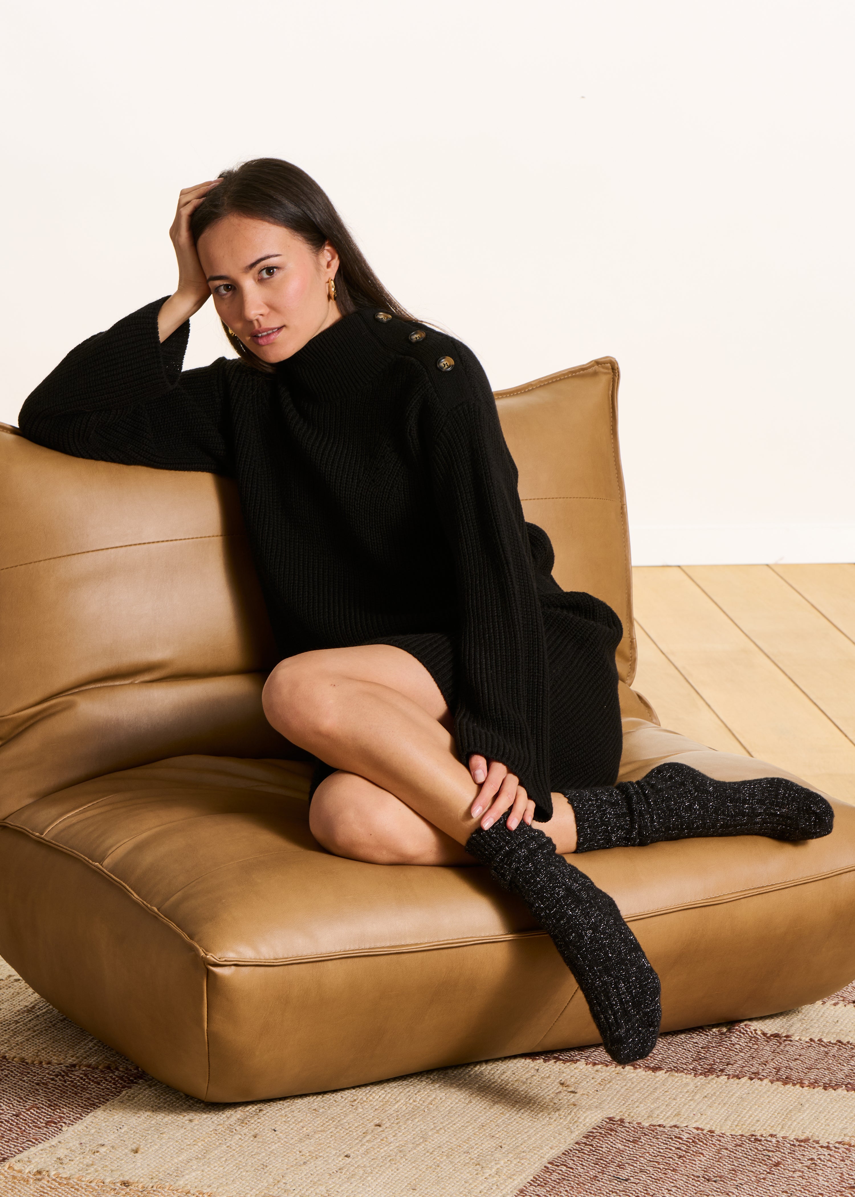 Chaussettes hautes avec lurex noir et rose