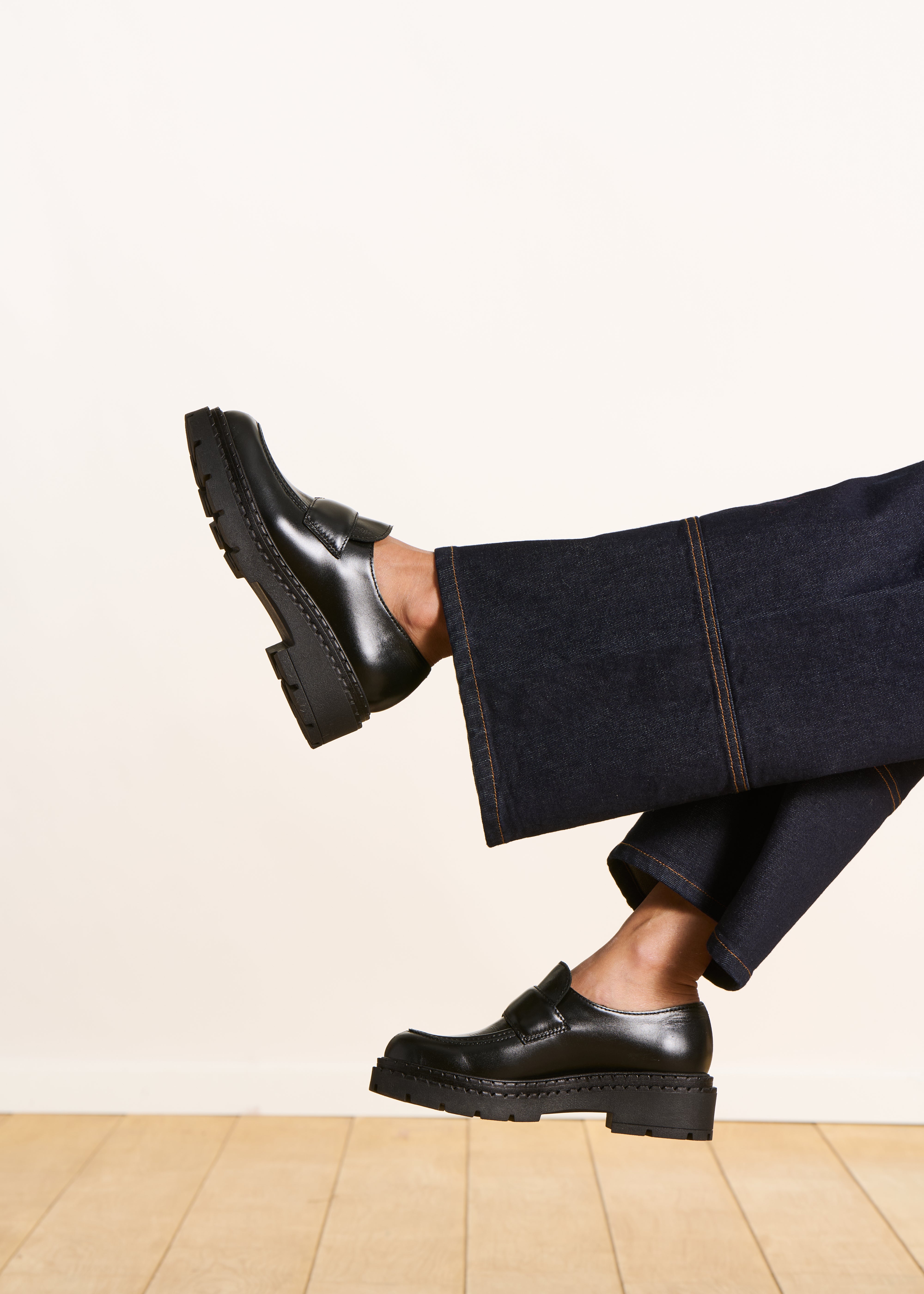 black leather mid-heel loafers