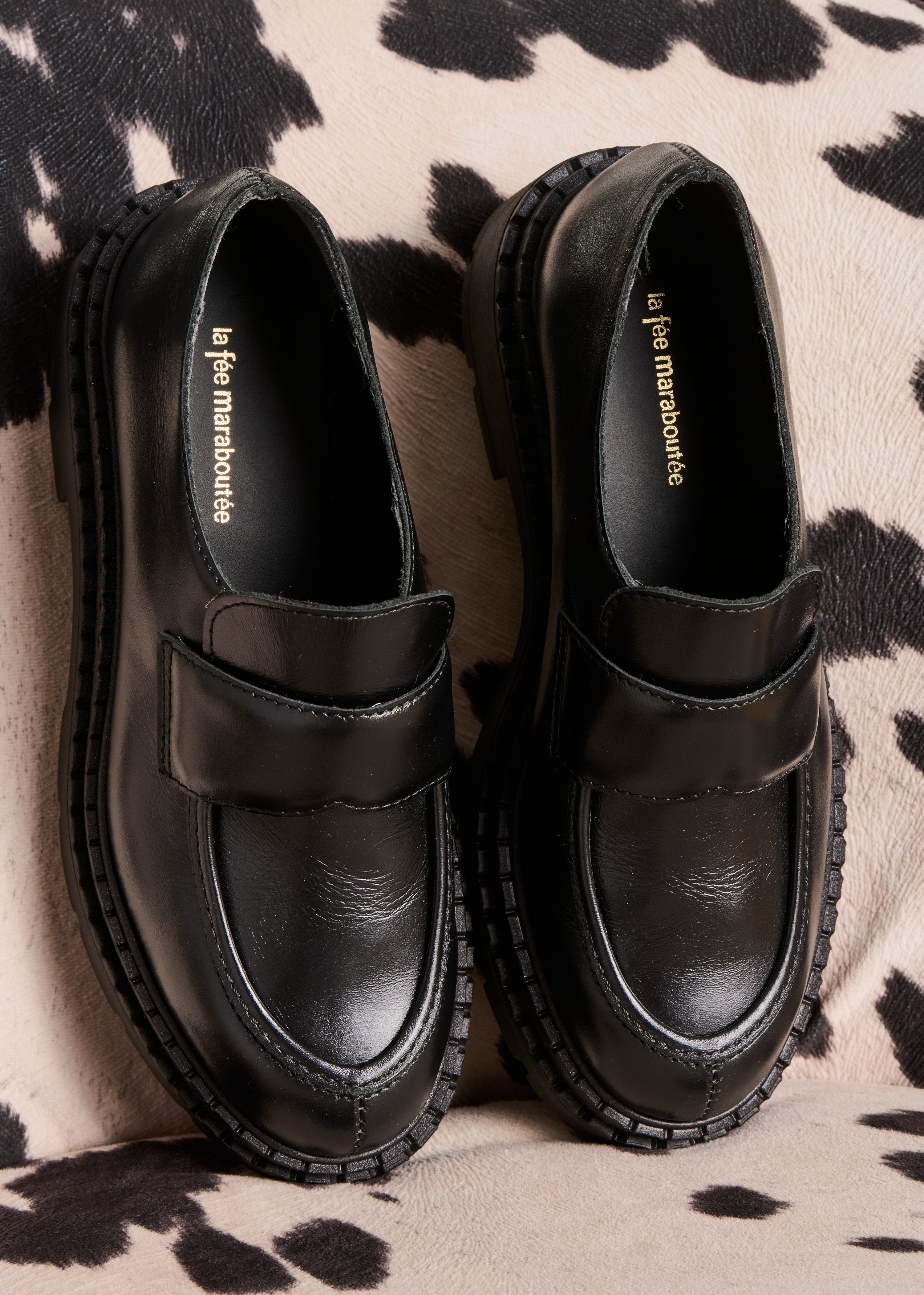 black leather mid-heel loafers