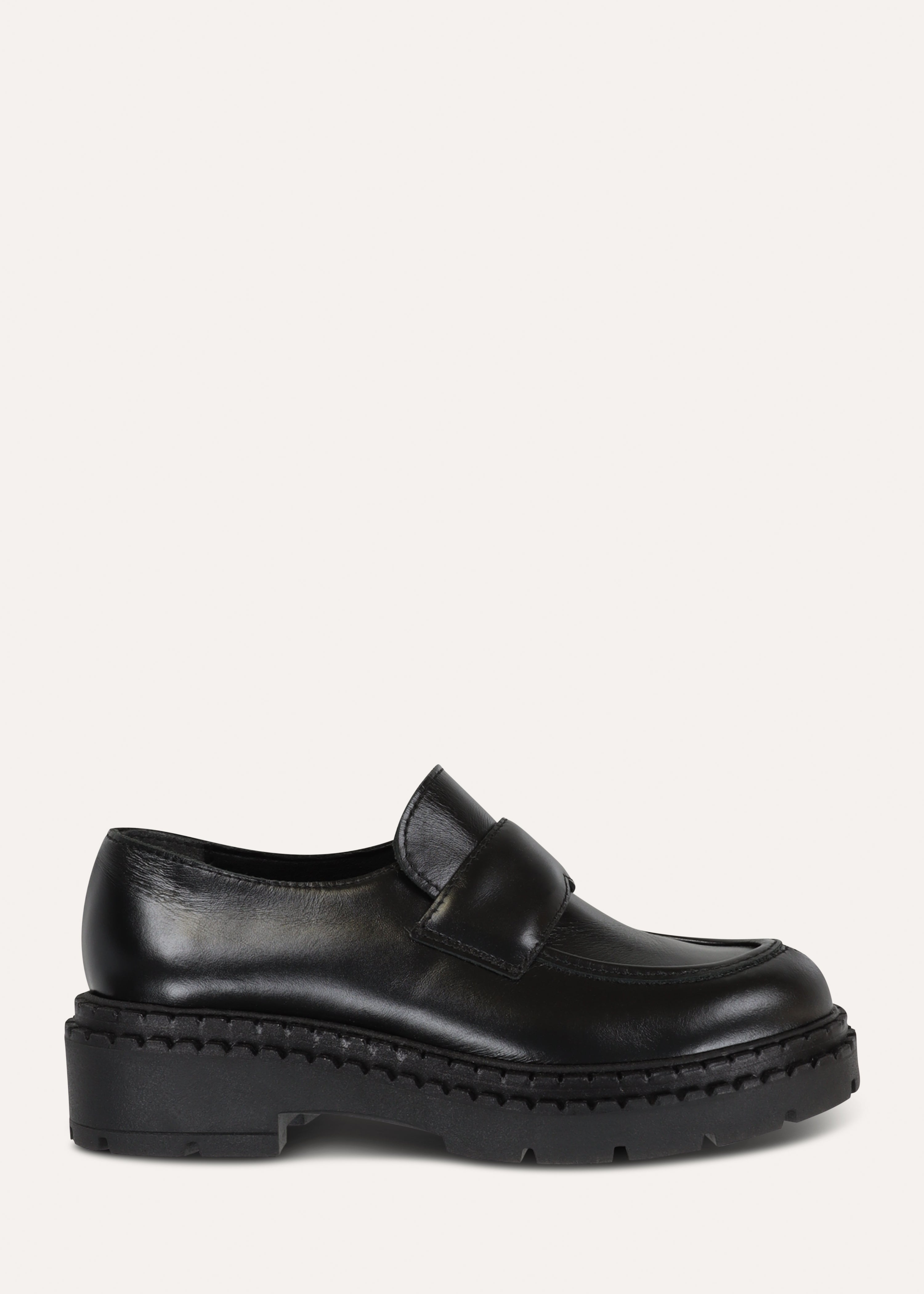 black leather mid-heel loafers