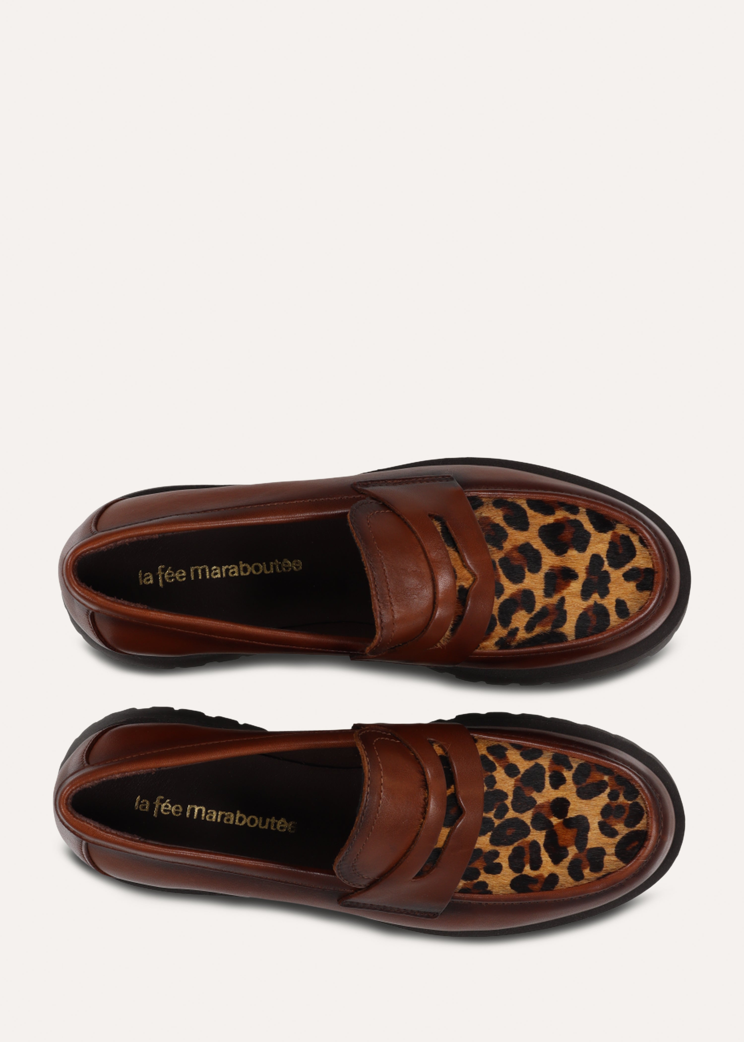 Mocassins bicolores camel et léopard en cuir