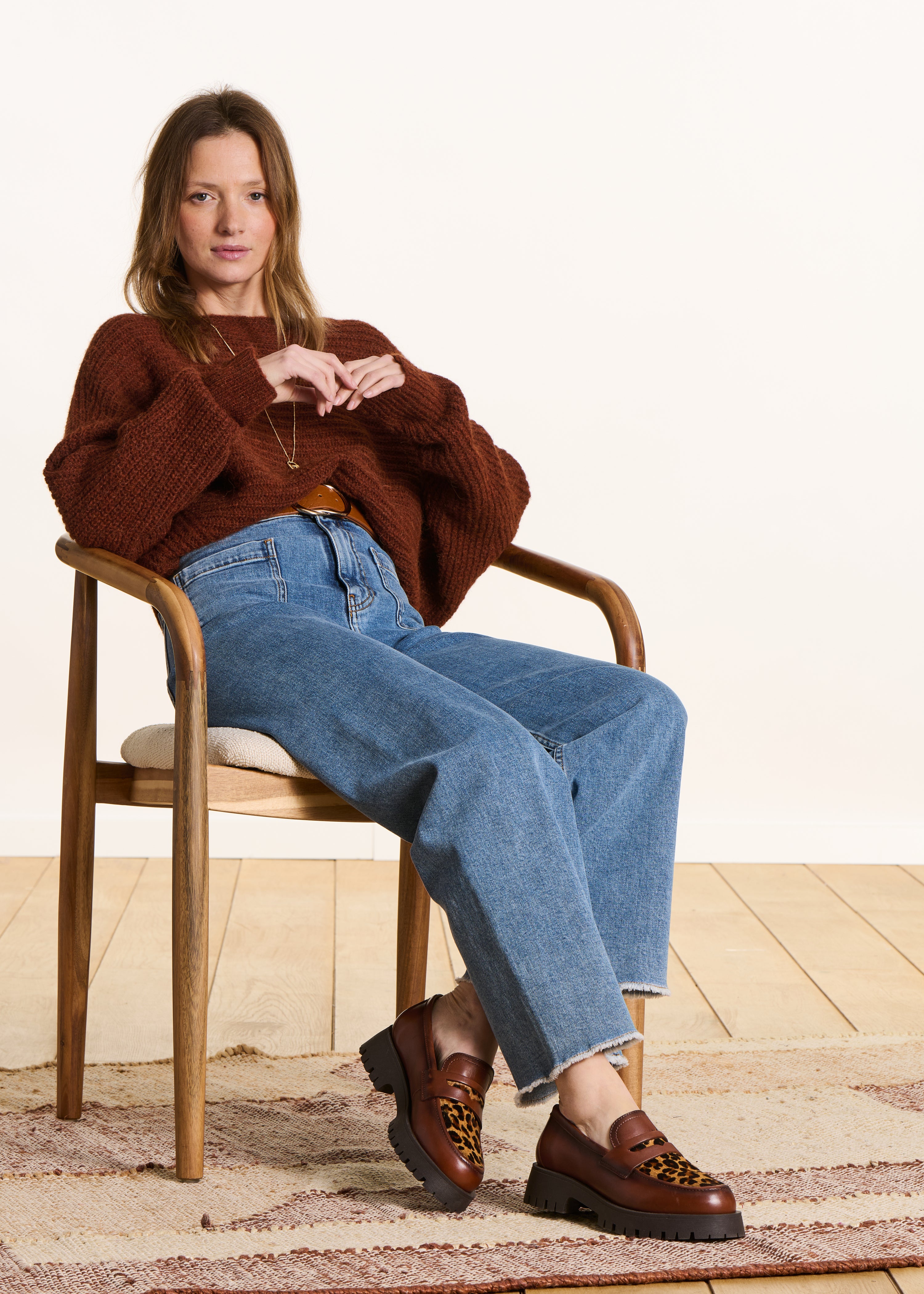 Mocassins bicolores camel et léopard en cuir