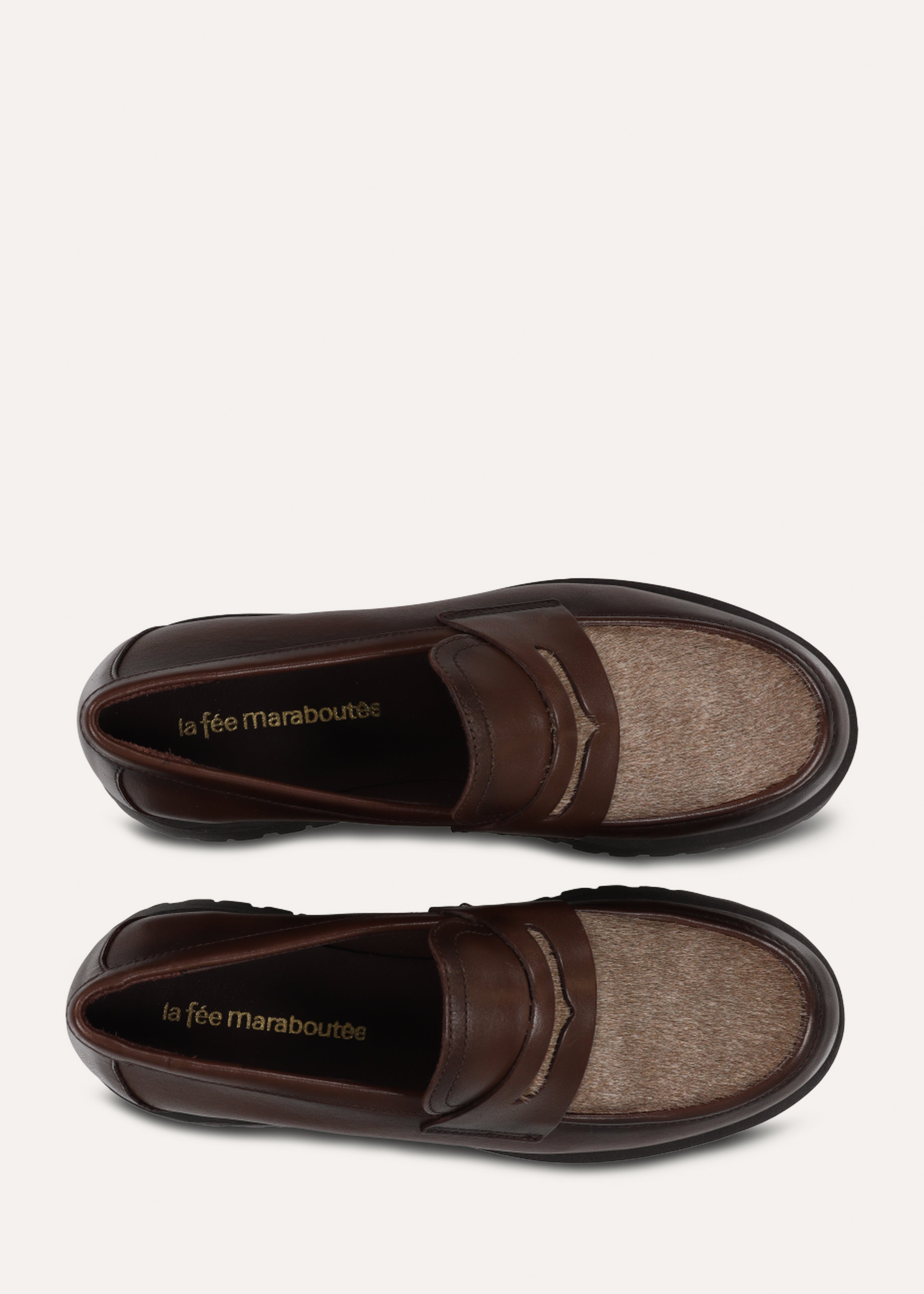 Mocassins bicolores castanho e cinza em pele