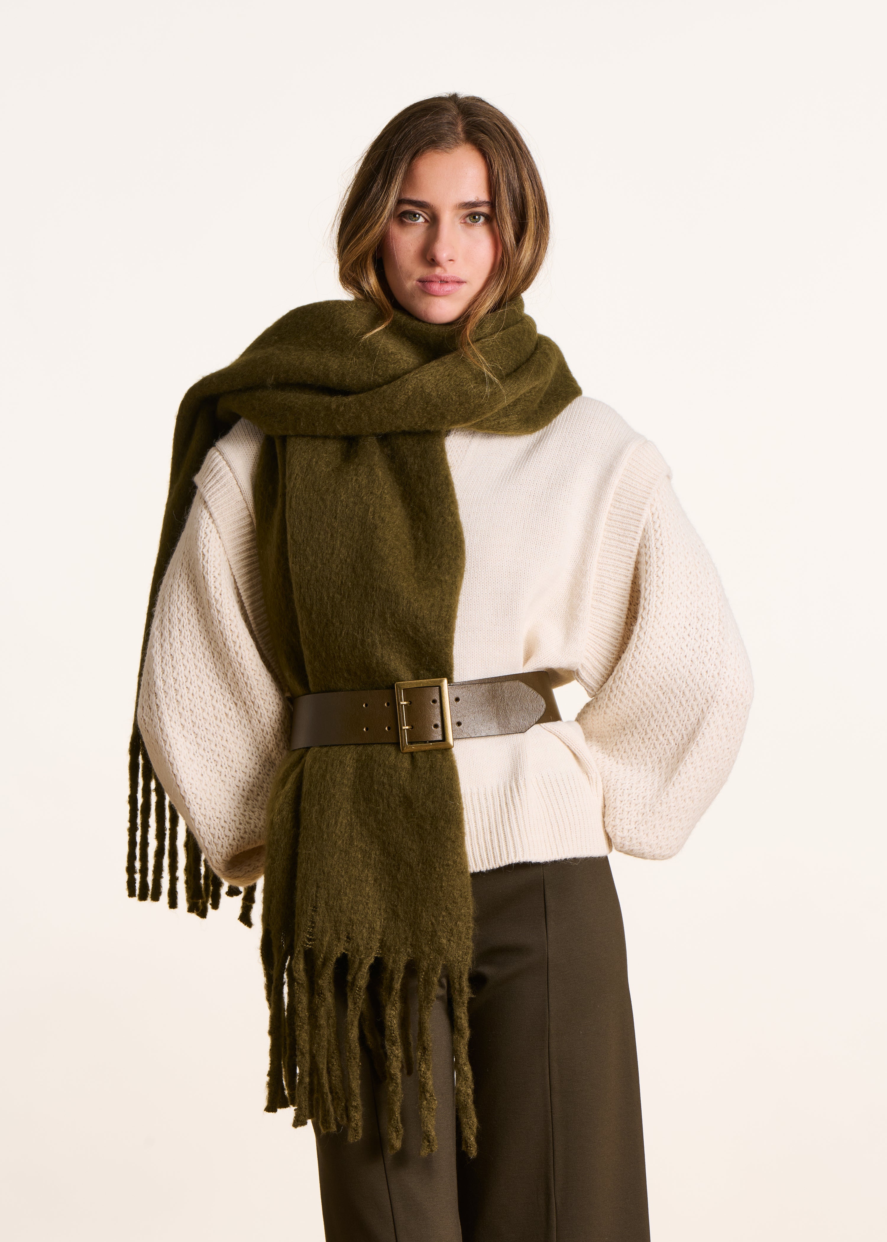 Étole kaki unie à franges