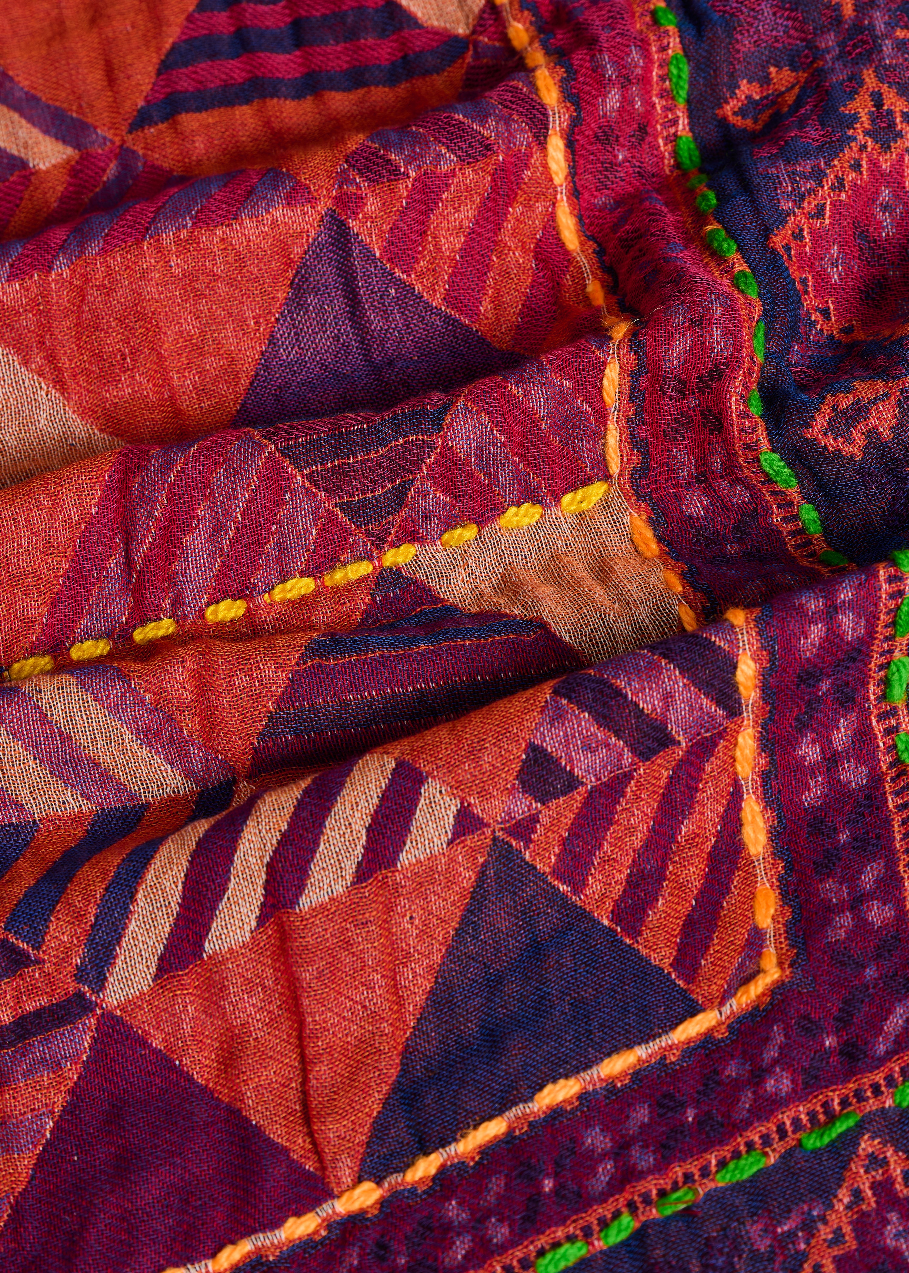 Red cotton and wool scarf with embroidery