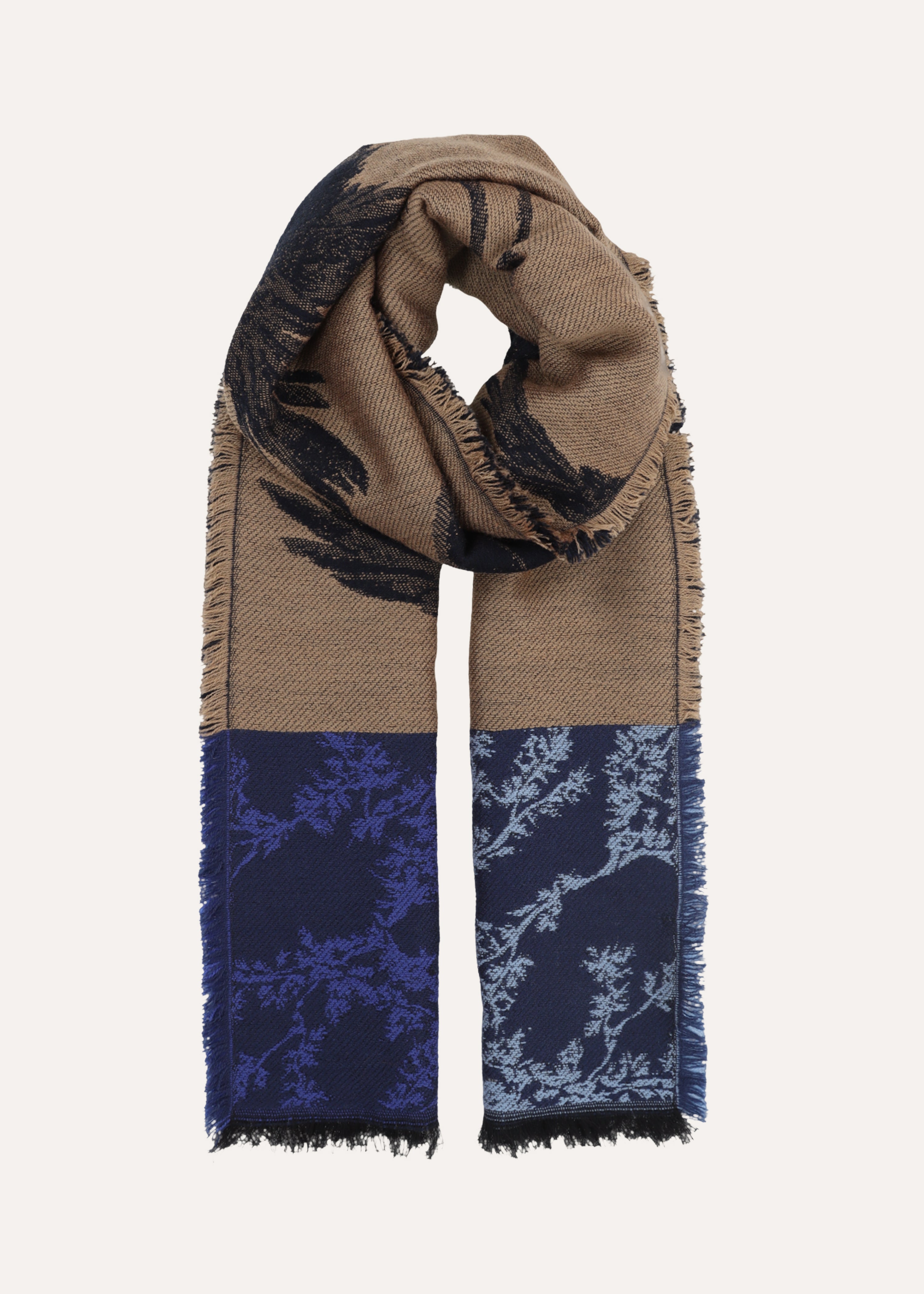 Jacquard-Schal mit Vogelmuster in Braun und Blau