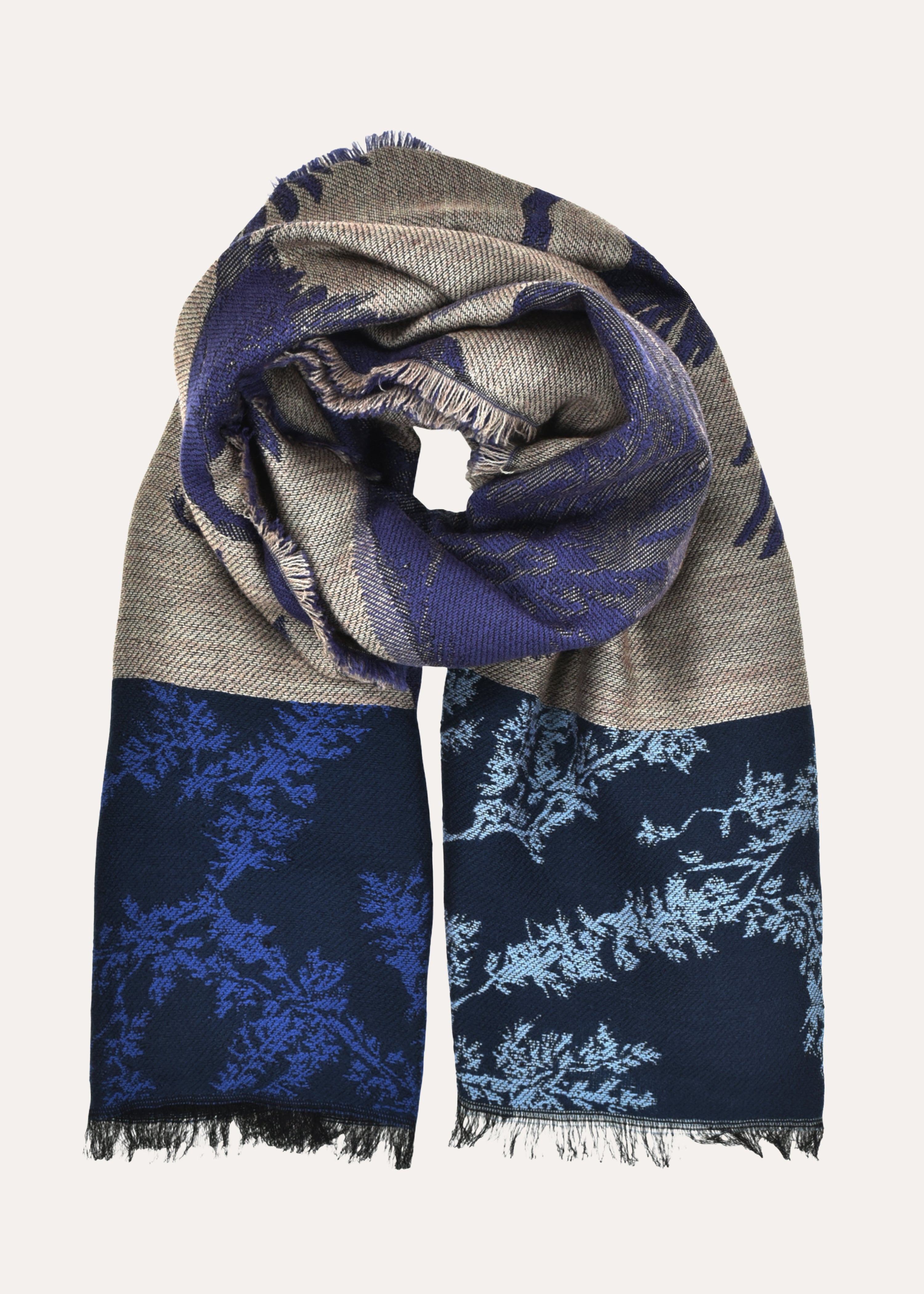 Jacquard sjaal met paarse en blauwe vogelprint