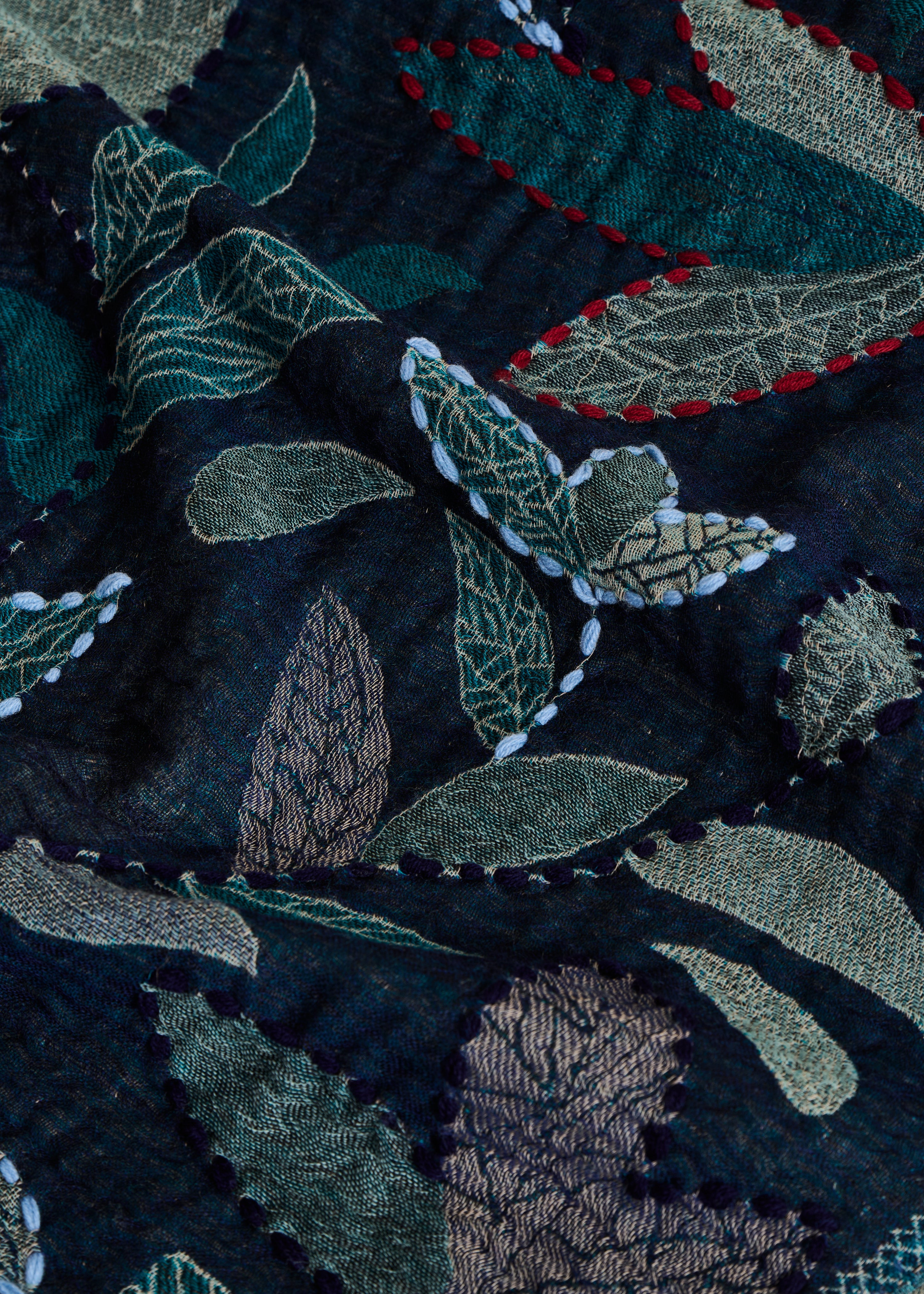 Blue embroidered wool scarf