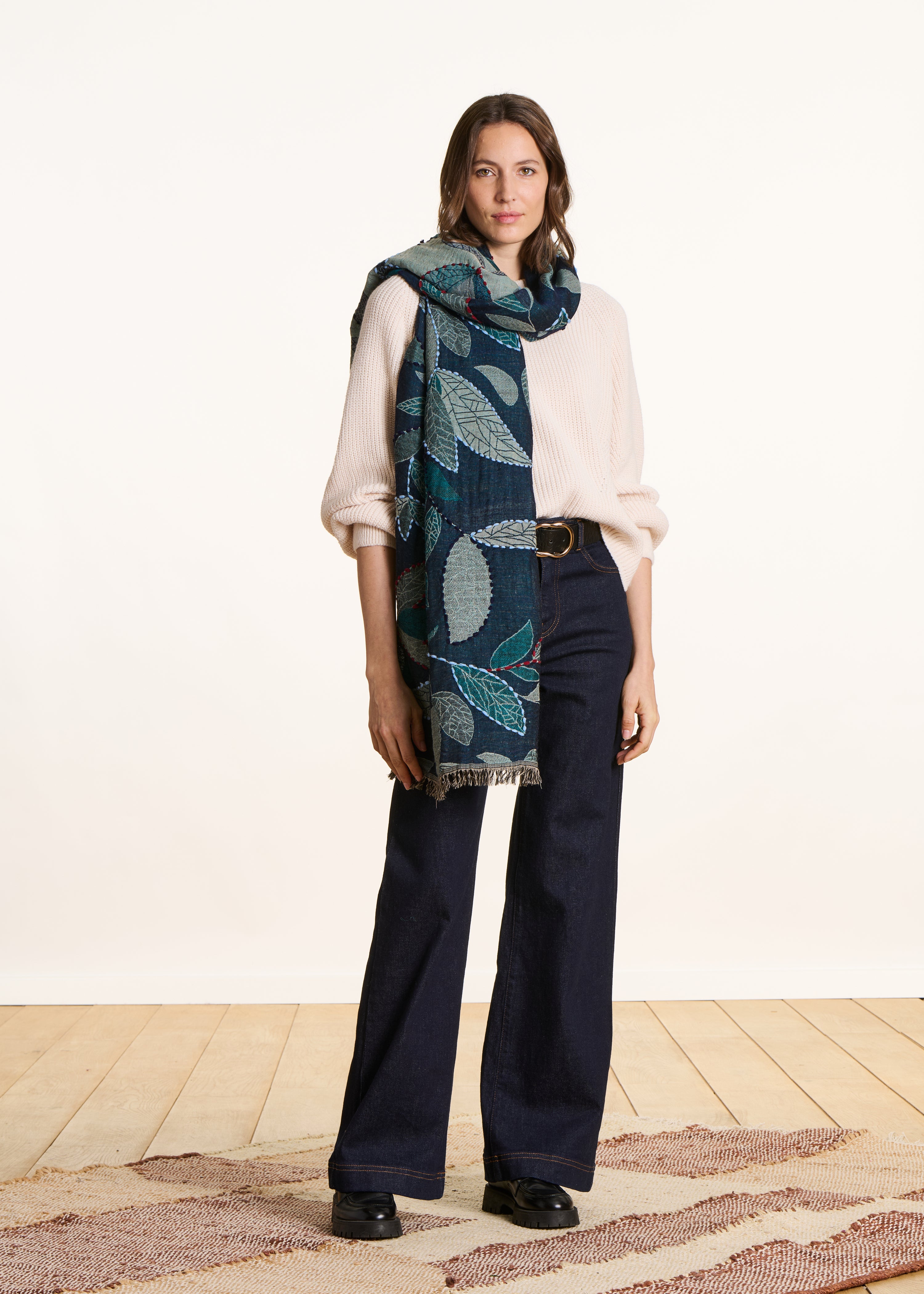Blue embroidered wool scarf