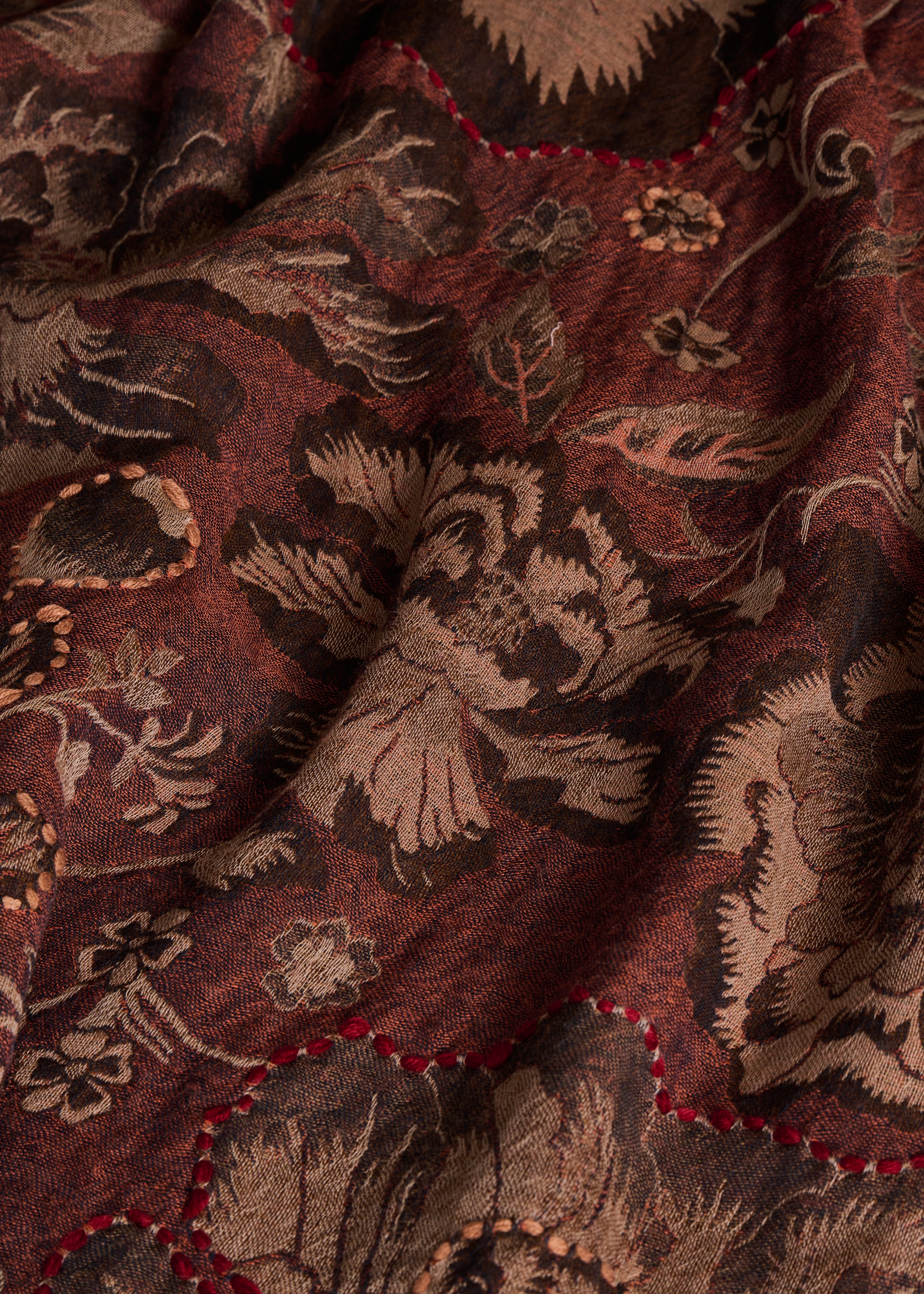 Red embroidered wool scarf