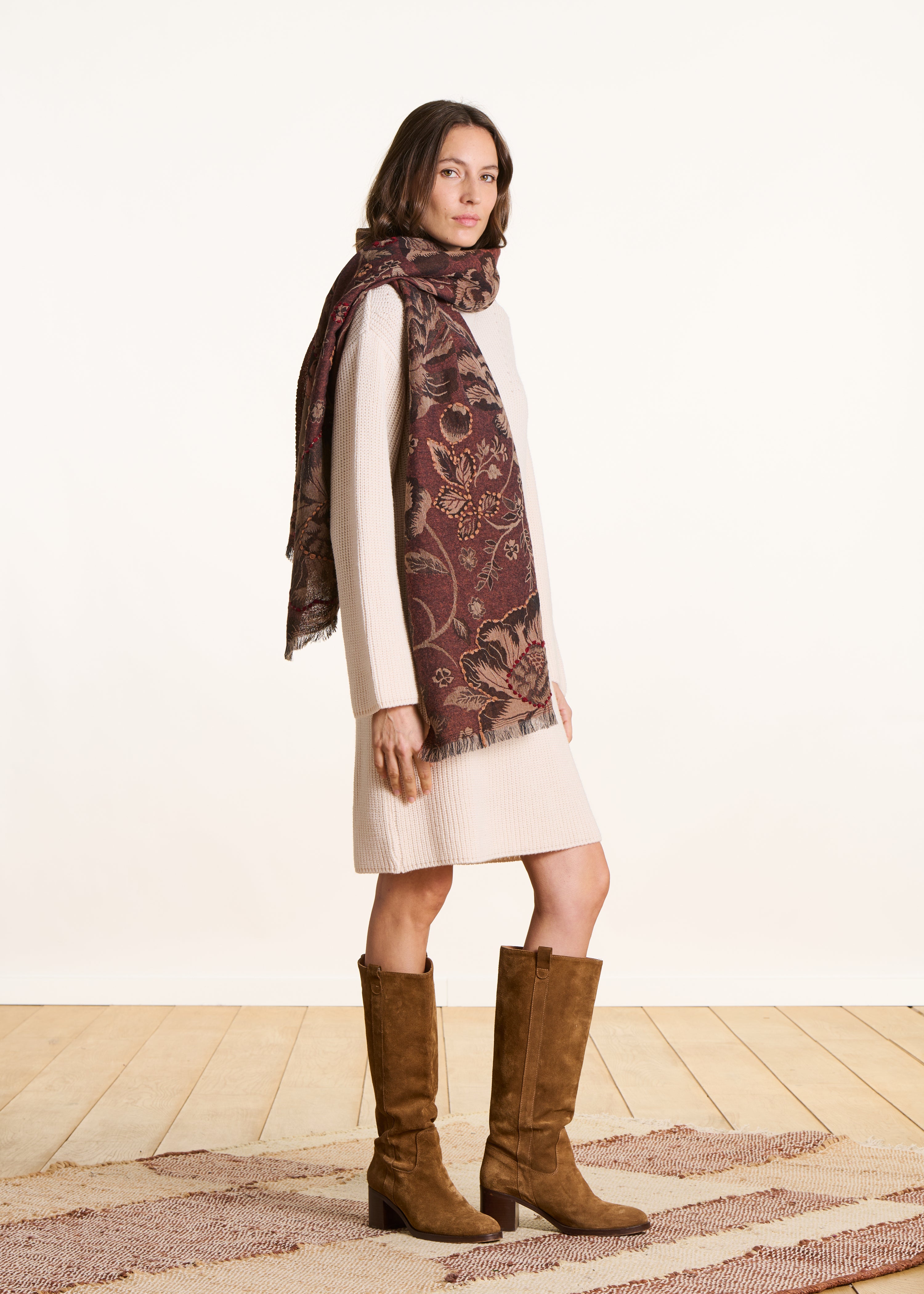 Red embroidered wool scarf