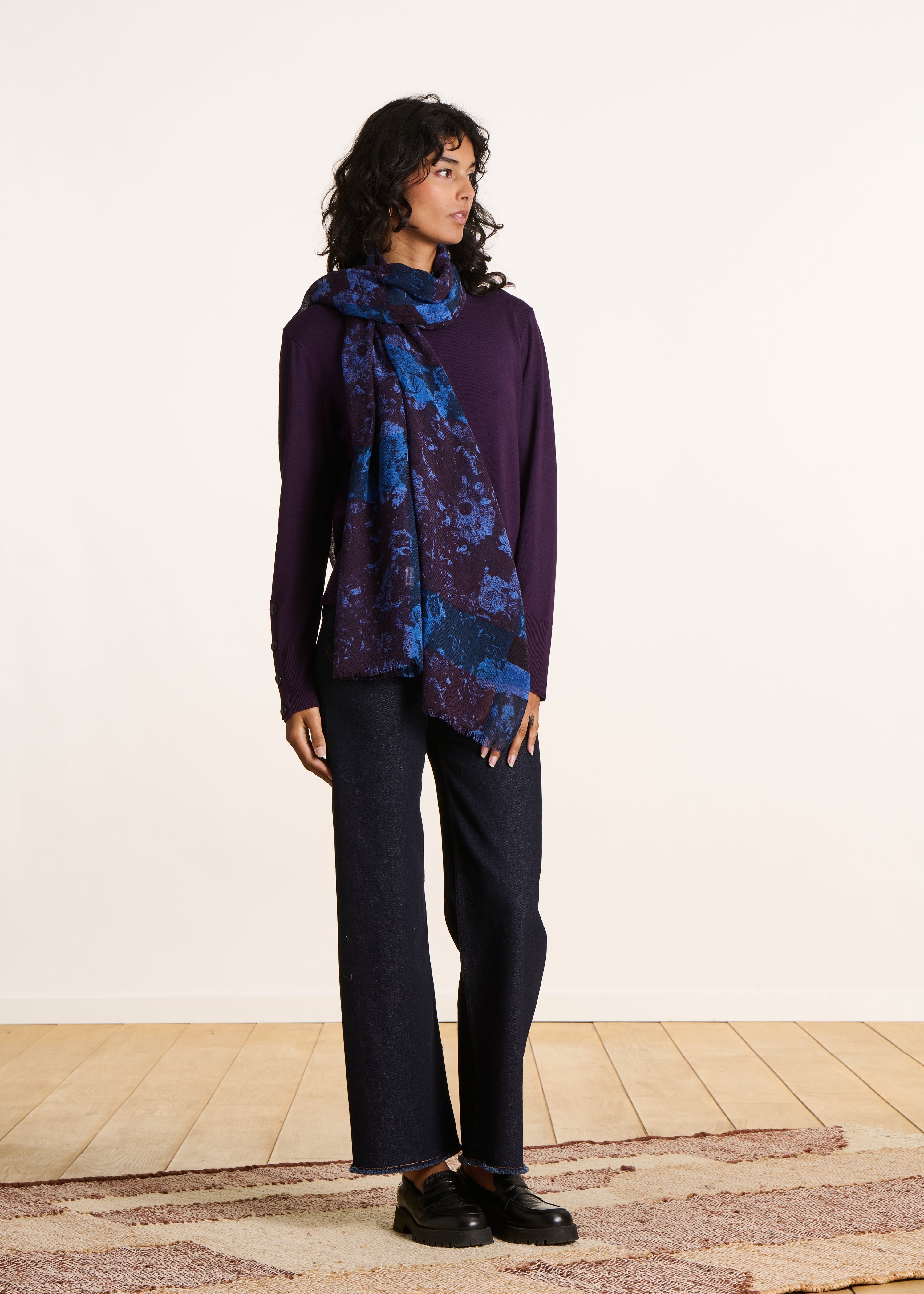 Écharpe bleu et prune en laine