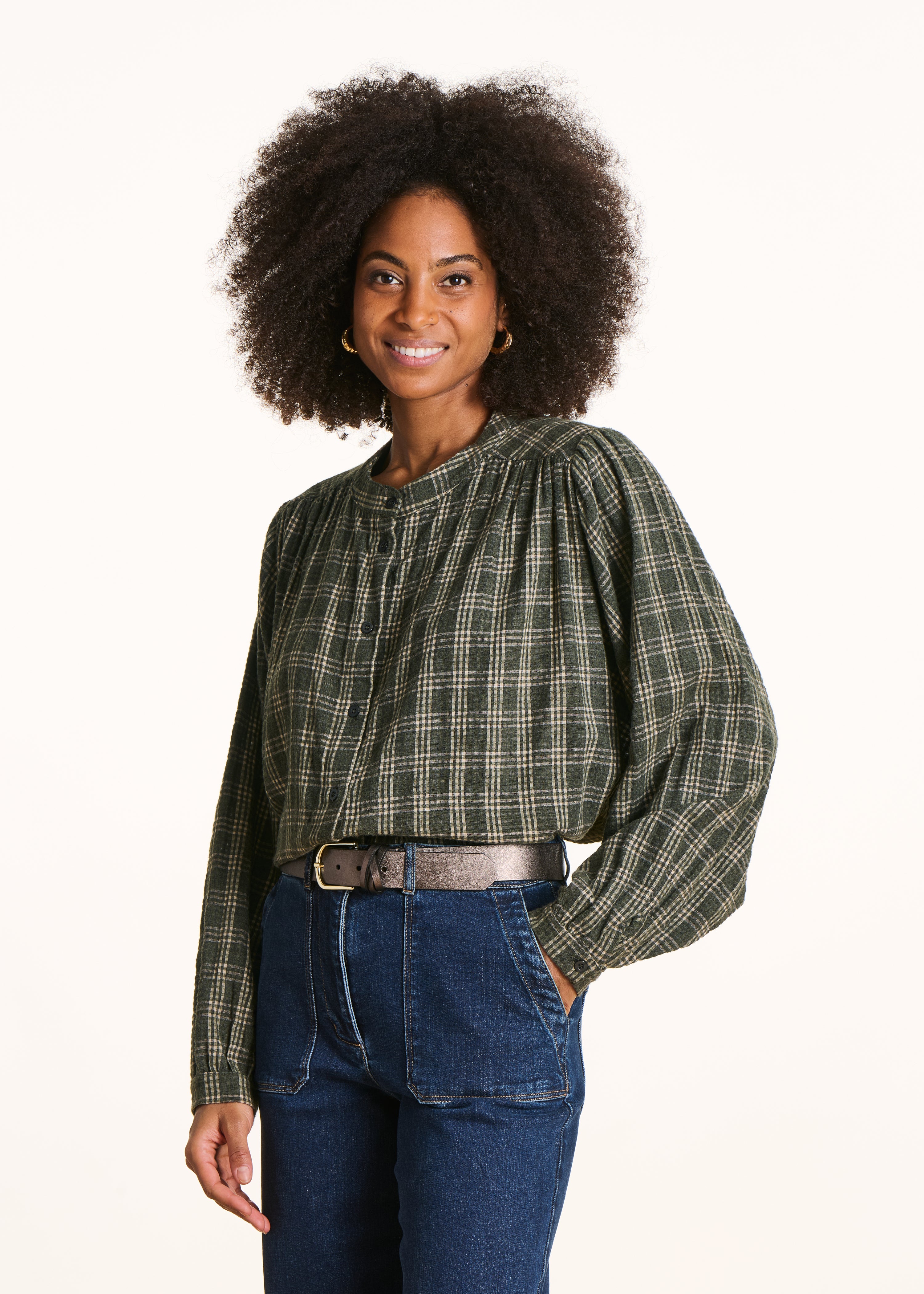 Chemise kaki ample à carreaux