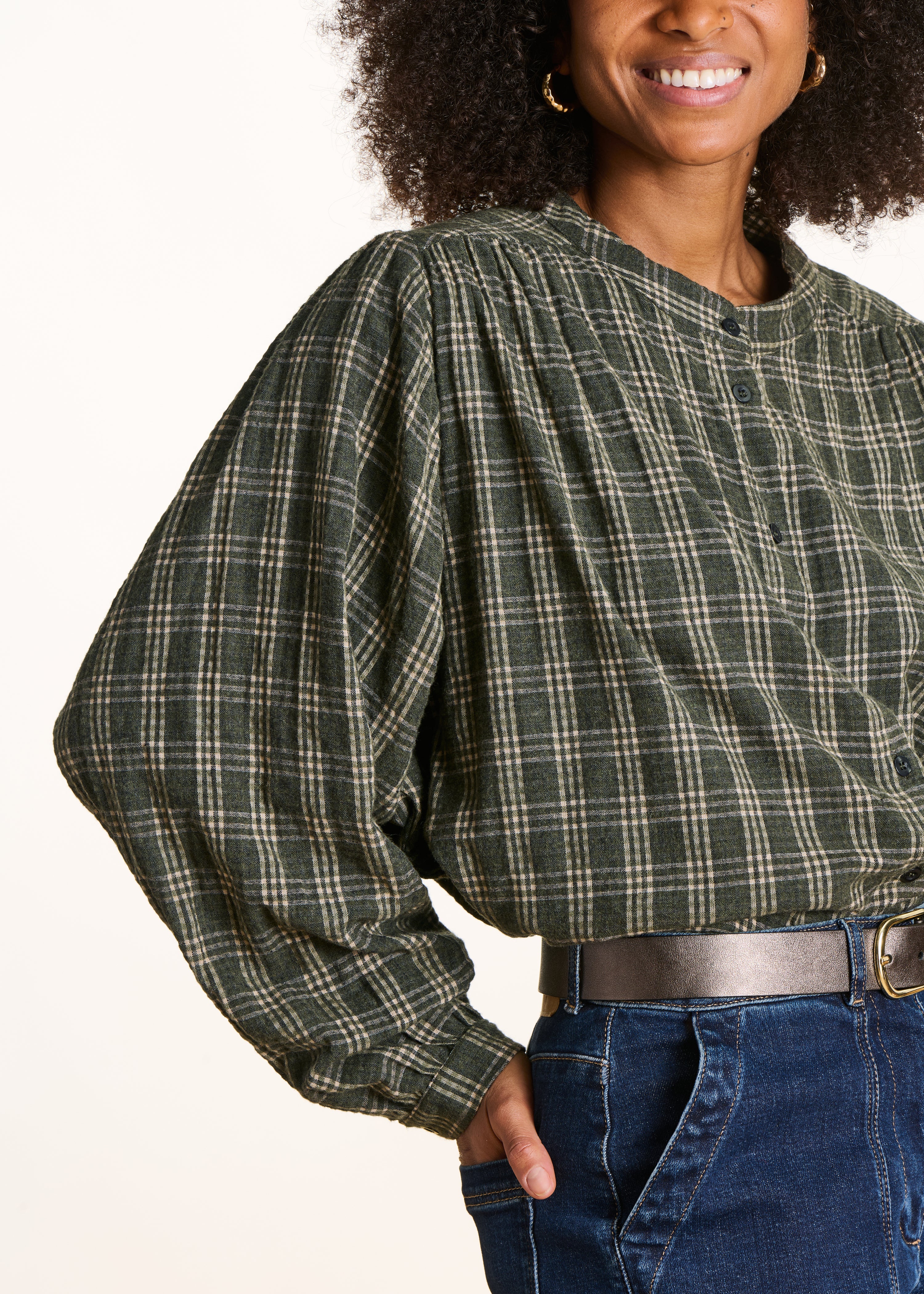 Chemise kaki ample à carreaux