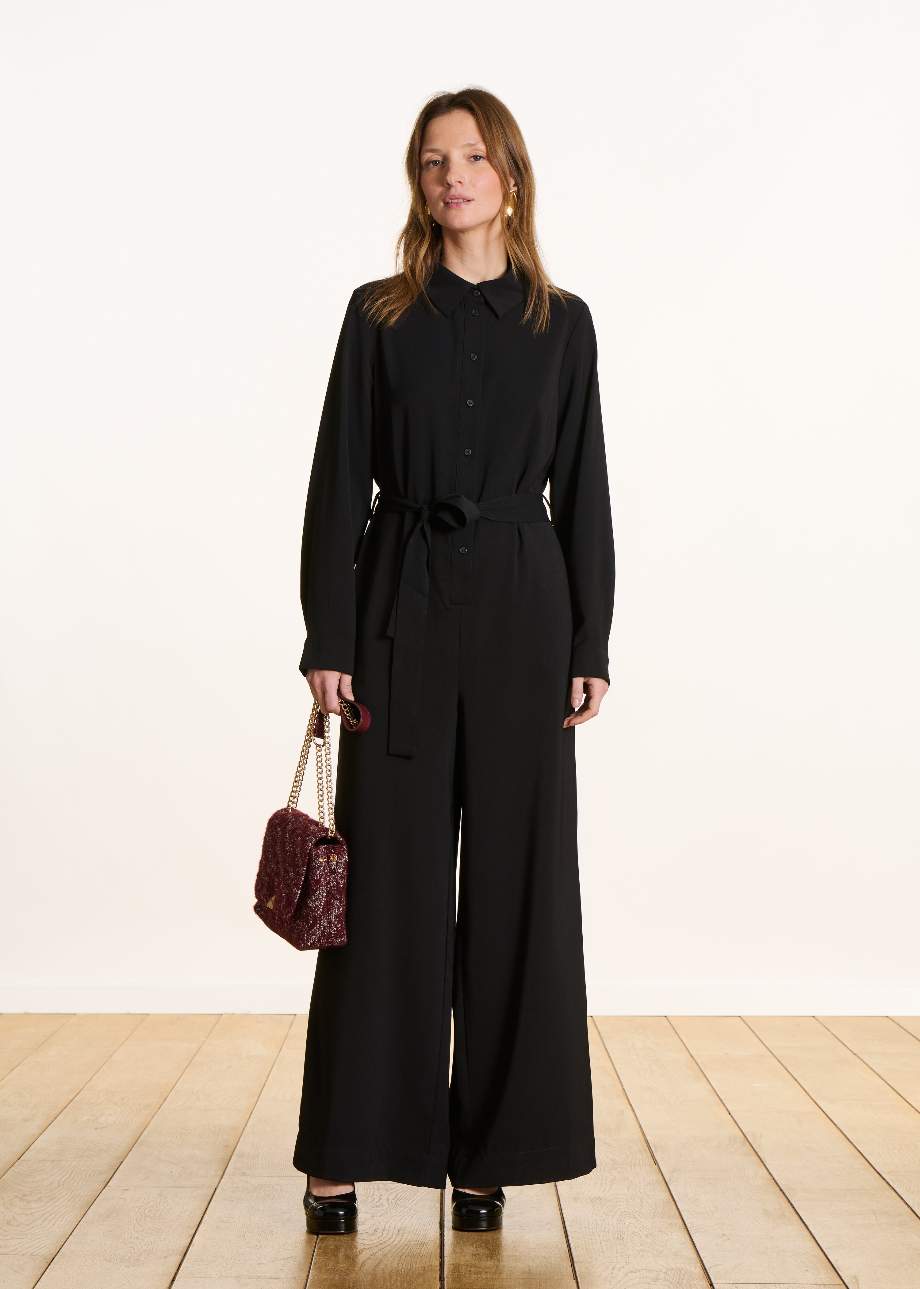 Black shirt collar jumpsuit