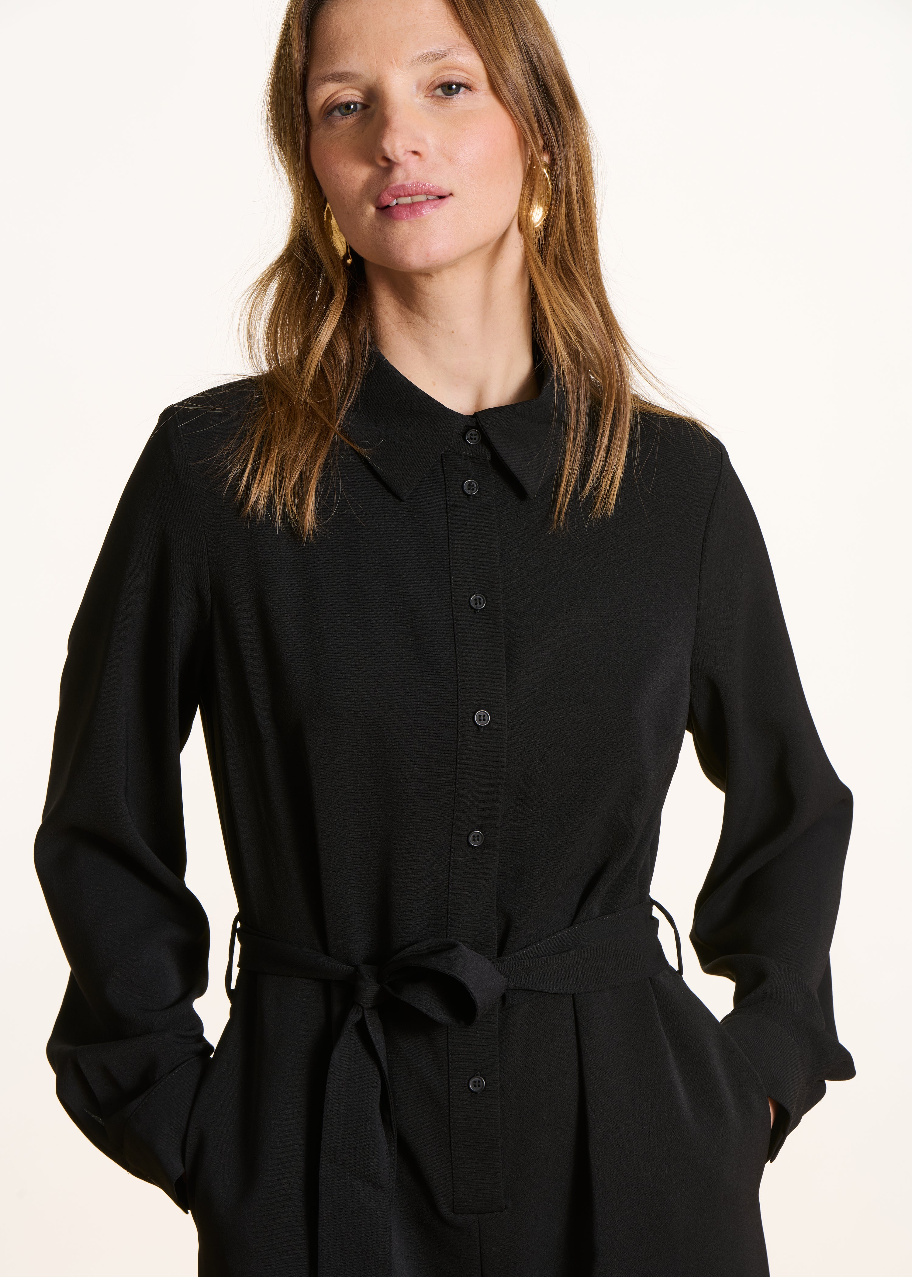 Black shirt collar jumpsuit