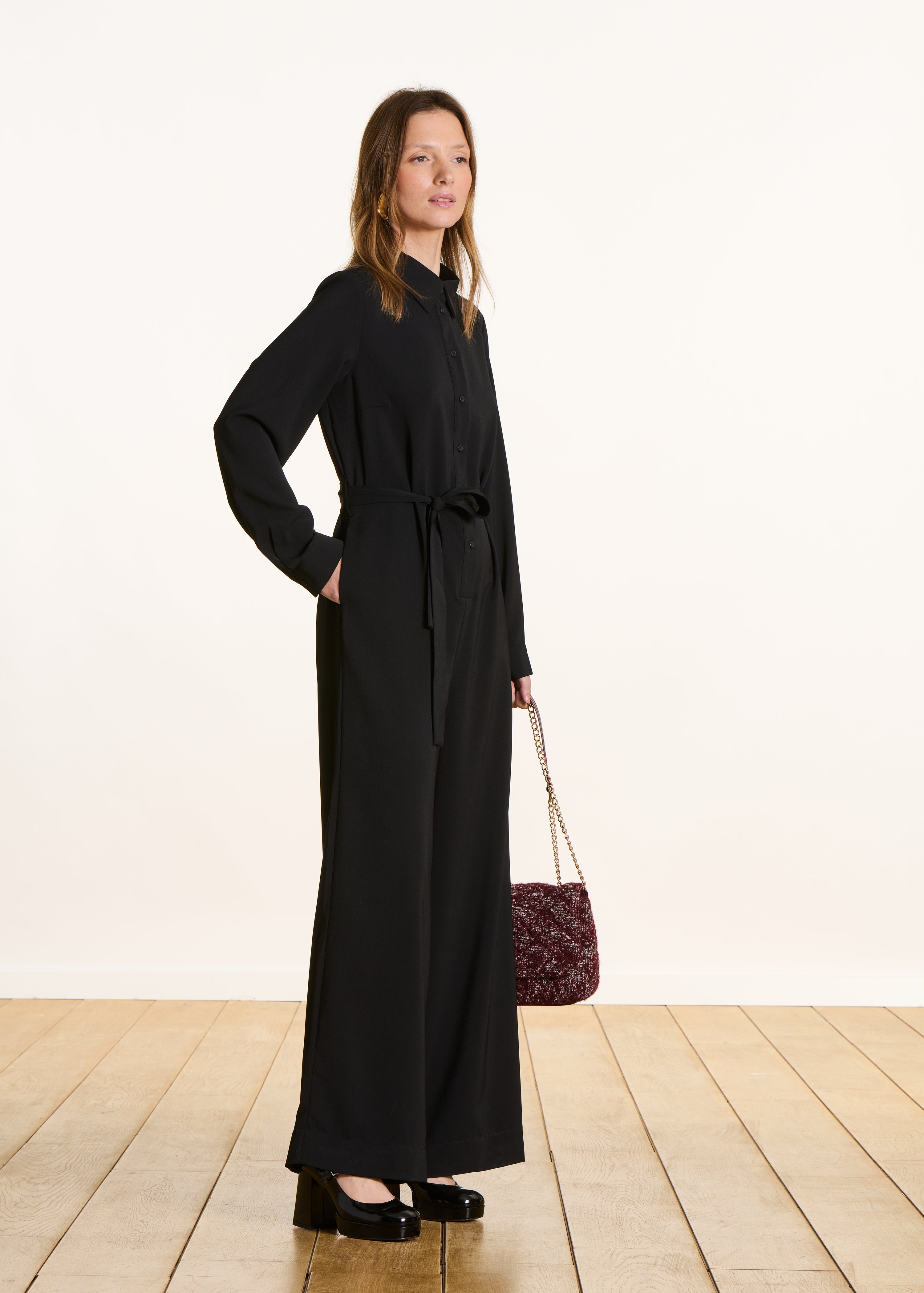 Black shirt collar jumpsuit