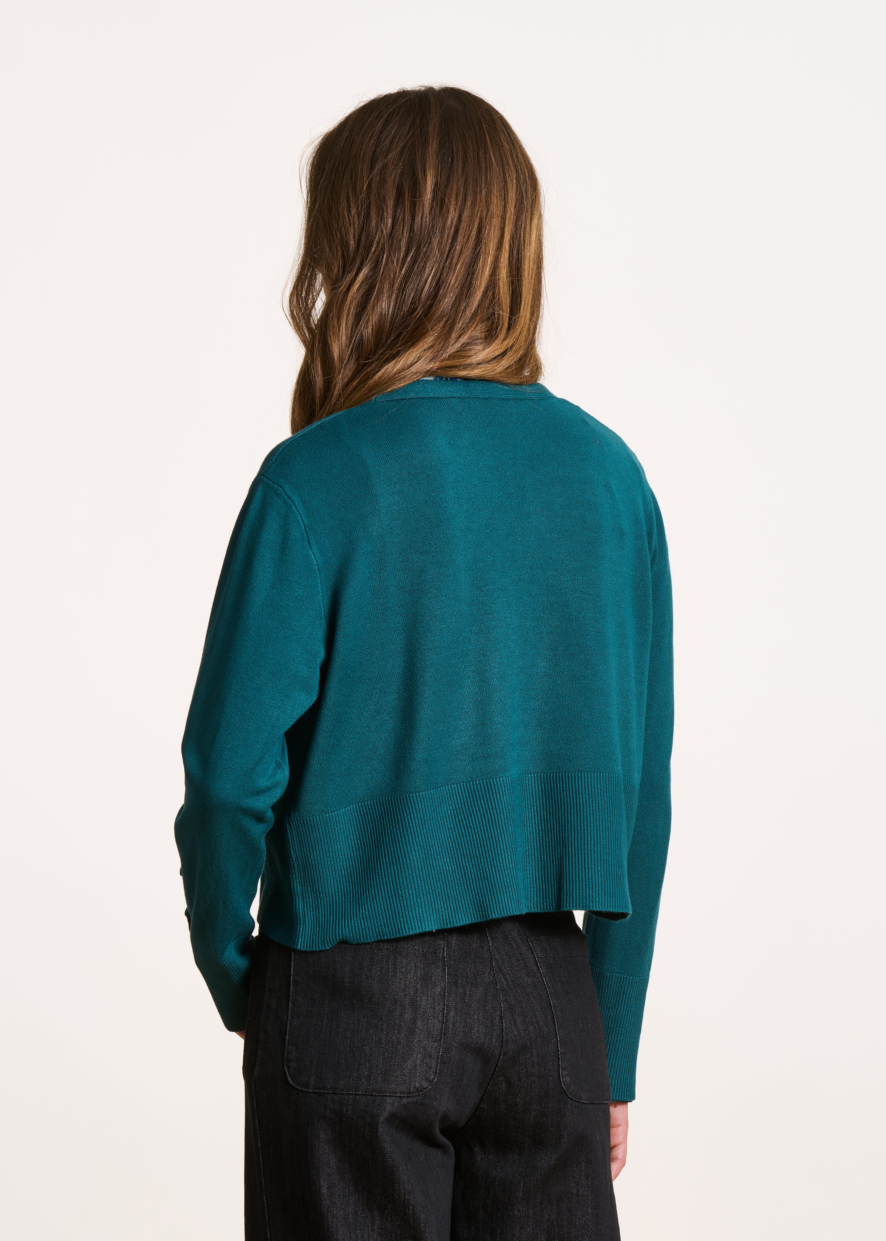 Gilet corto aperto in maglia fine blu anatra