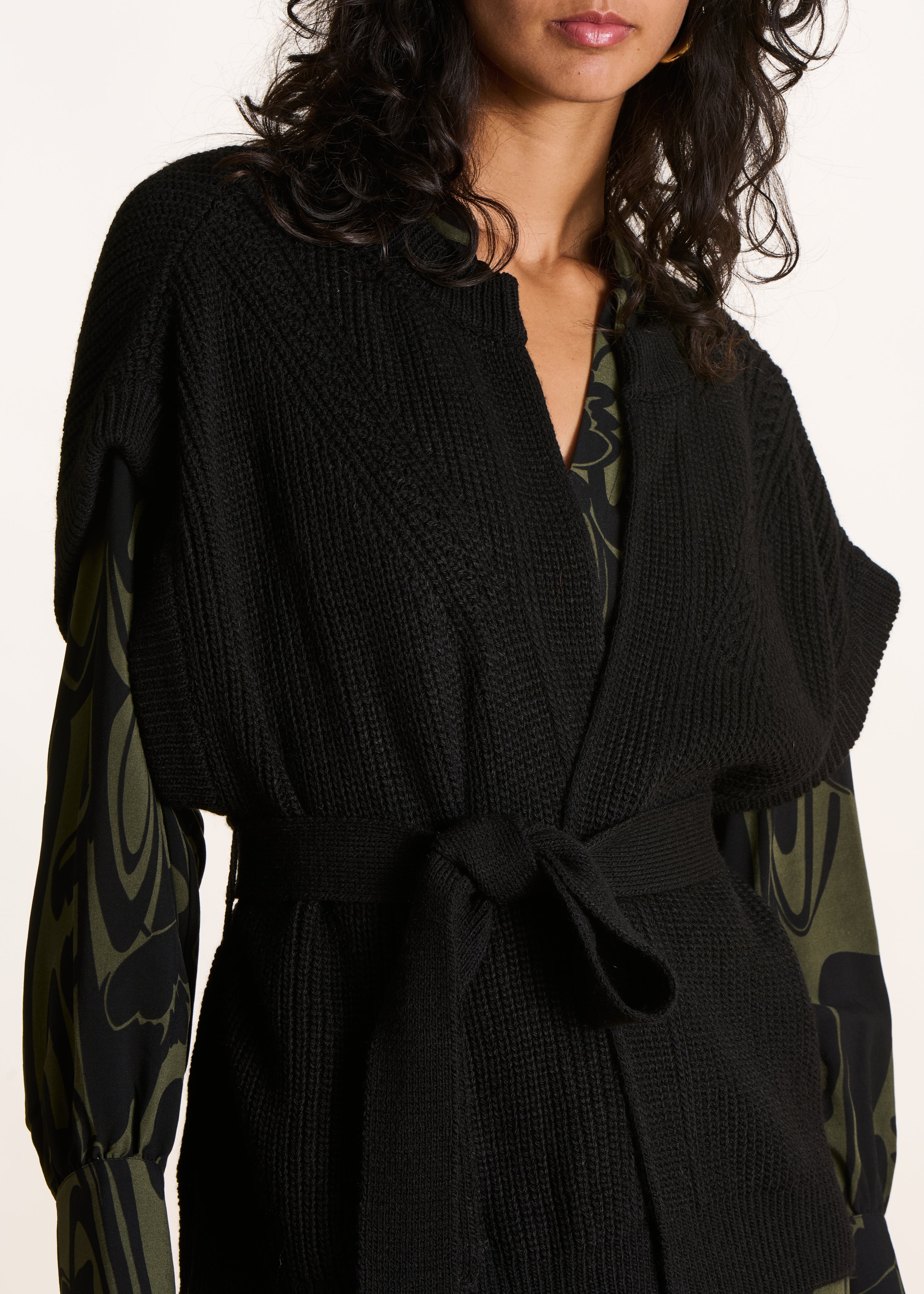 Belted cardigan in black beaded rib knit