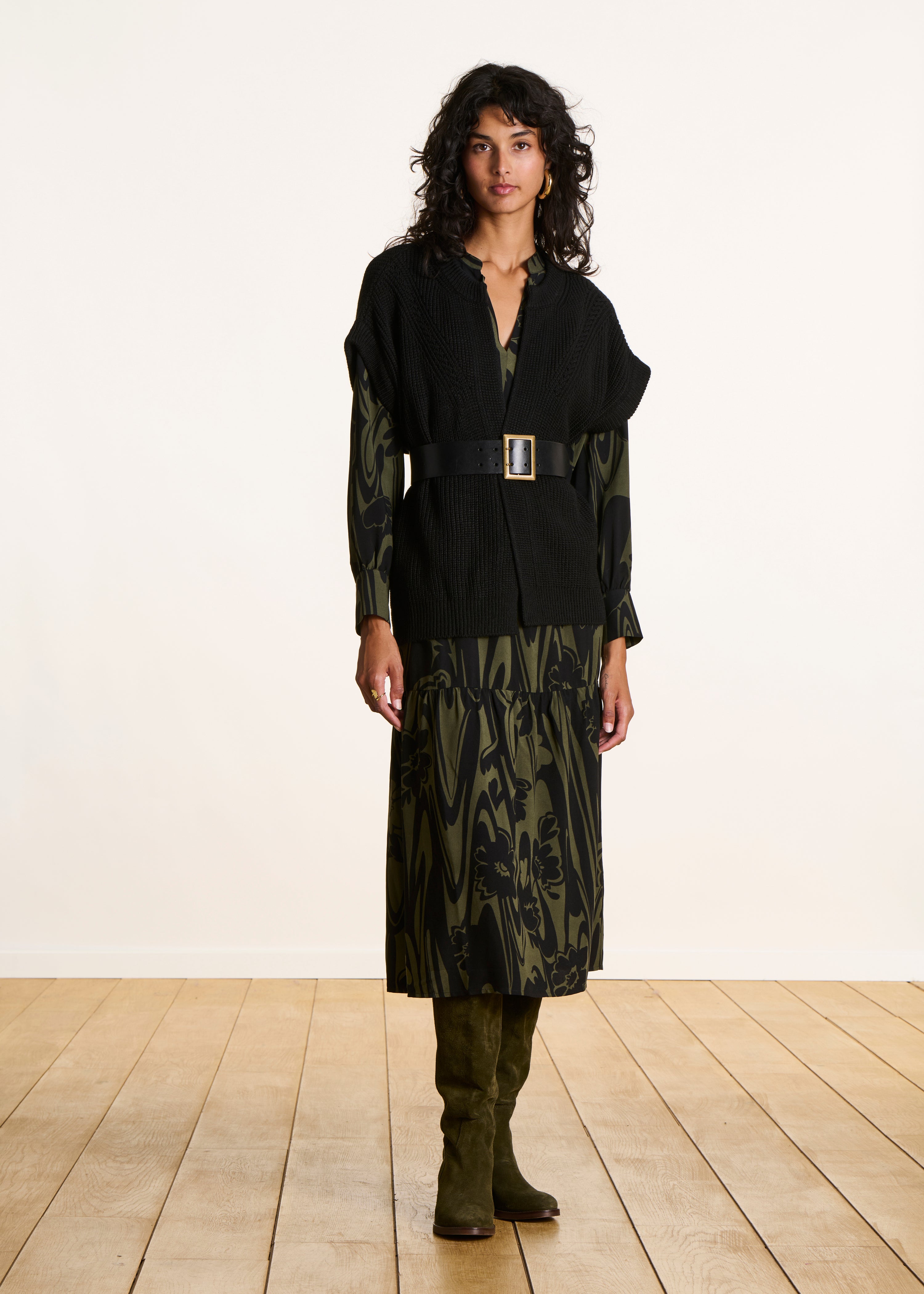 Belted cardigan in black beaded rib knit