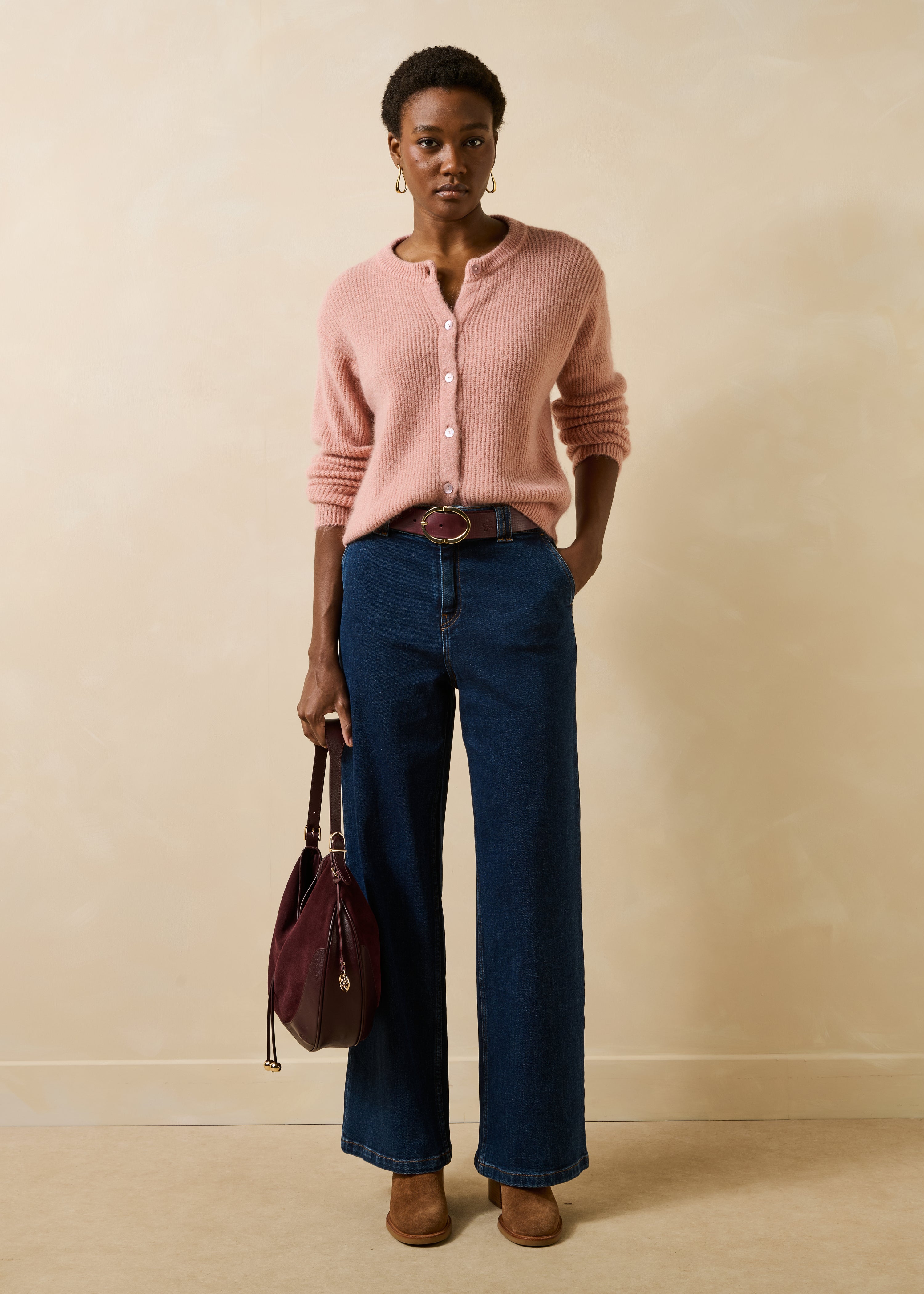 Gilet rose pâle manches longues col rond