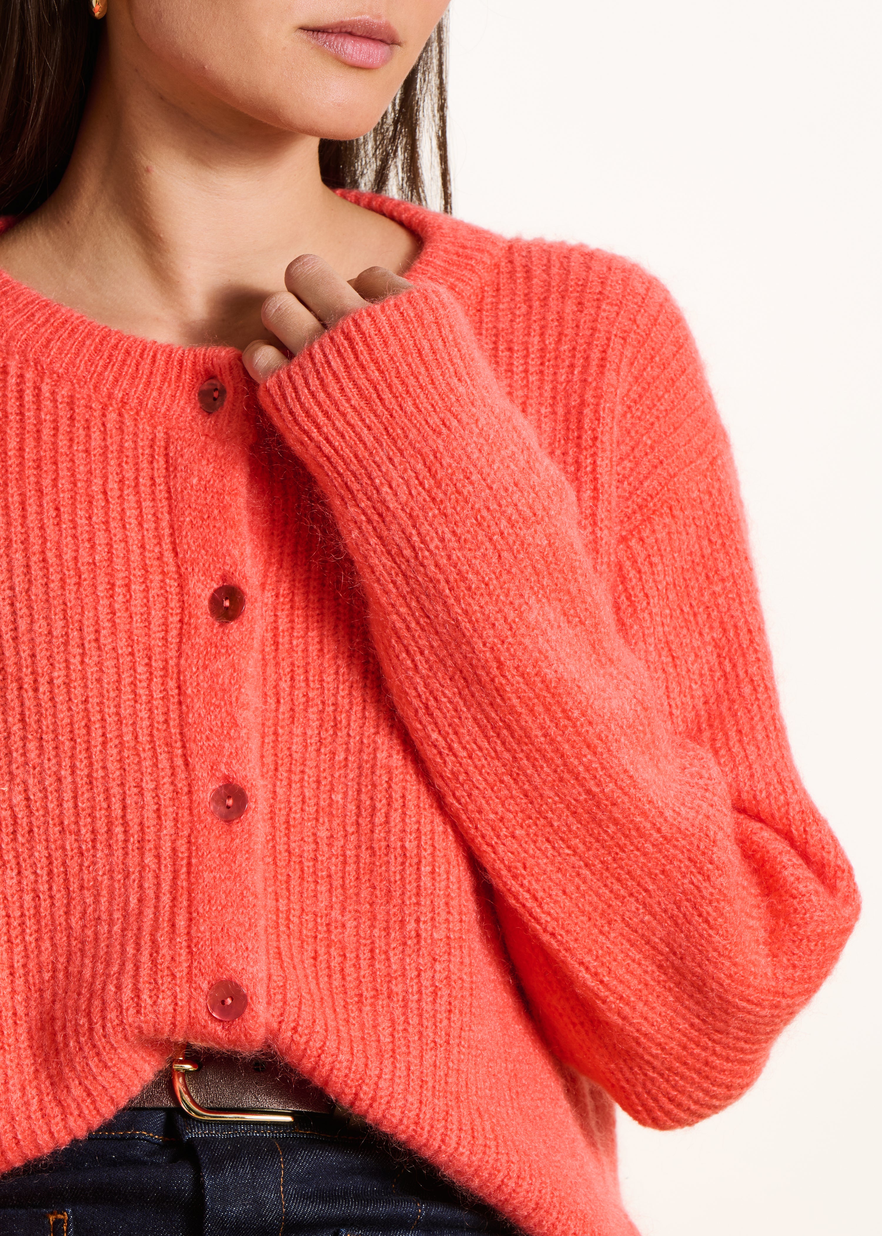 Gilet en maille à côtes corail col rond