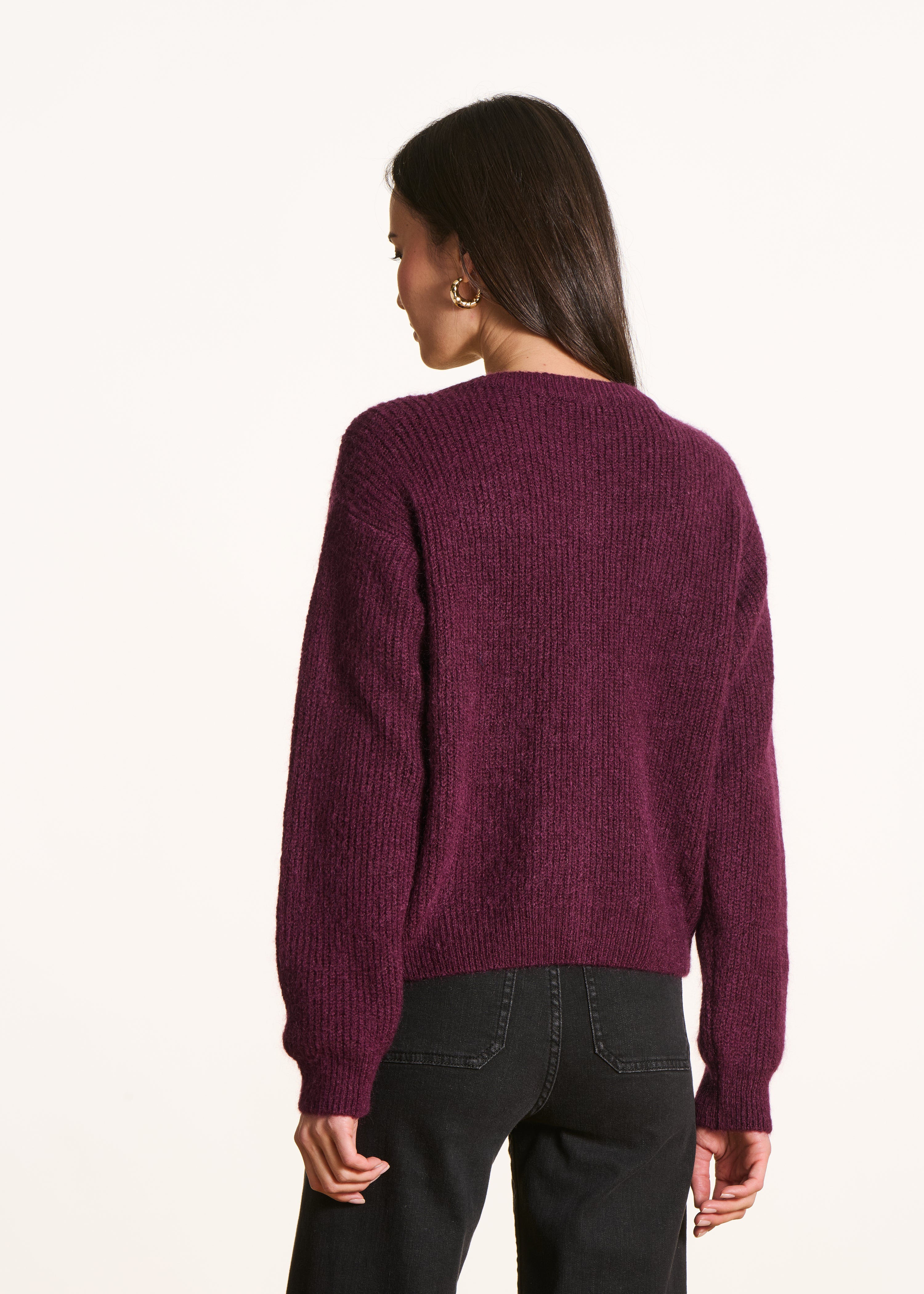 Gilet en maille à côtes prune col rond