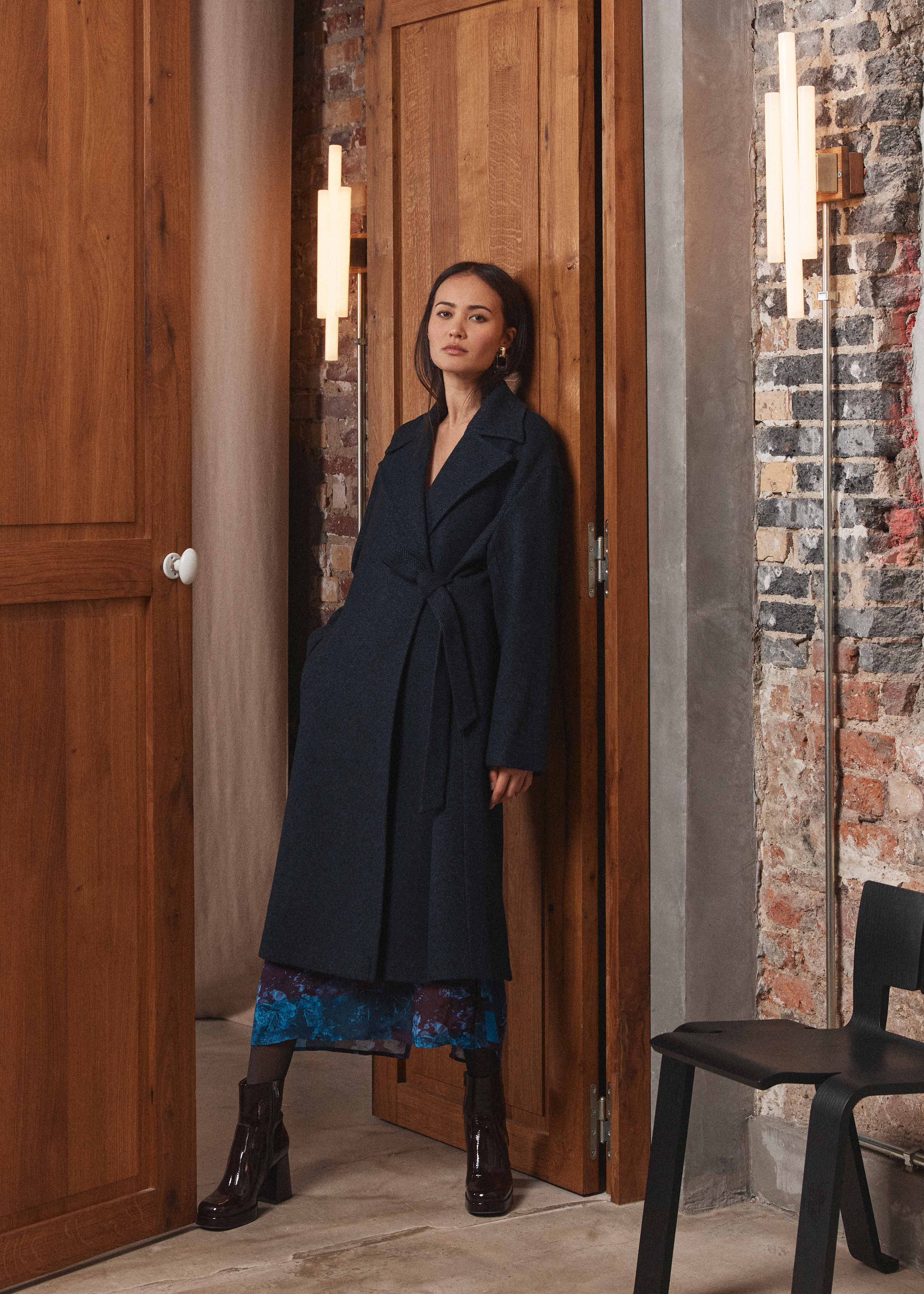 Oversize langer Mantel in Marineblau aus Wollmischung