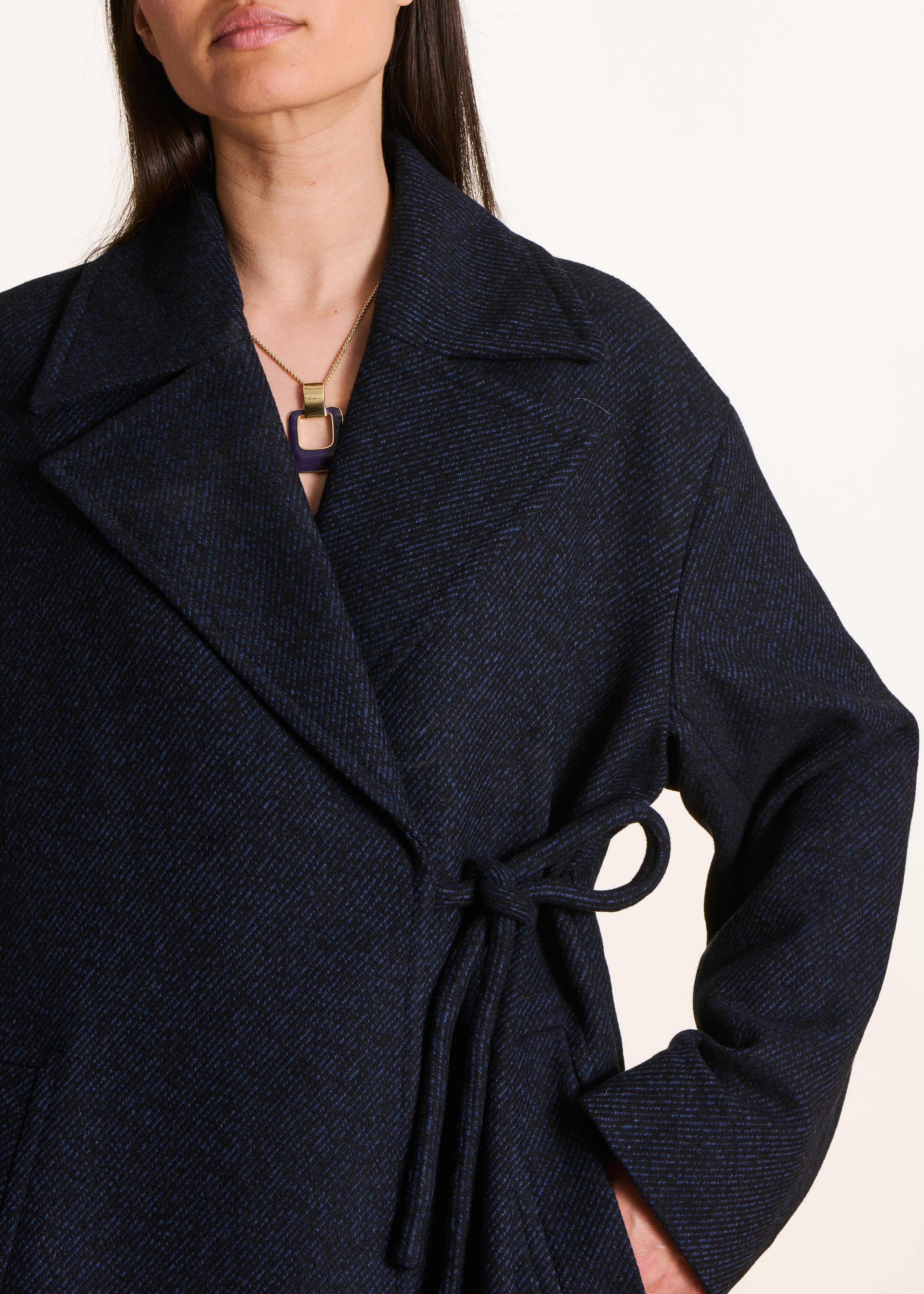 Long oversized navy blue coat in blended wool