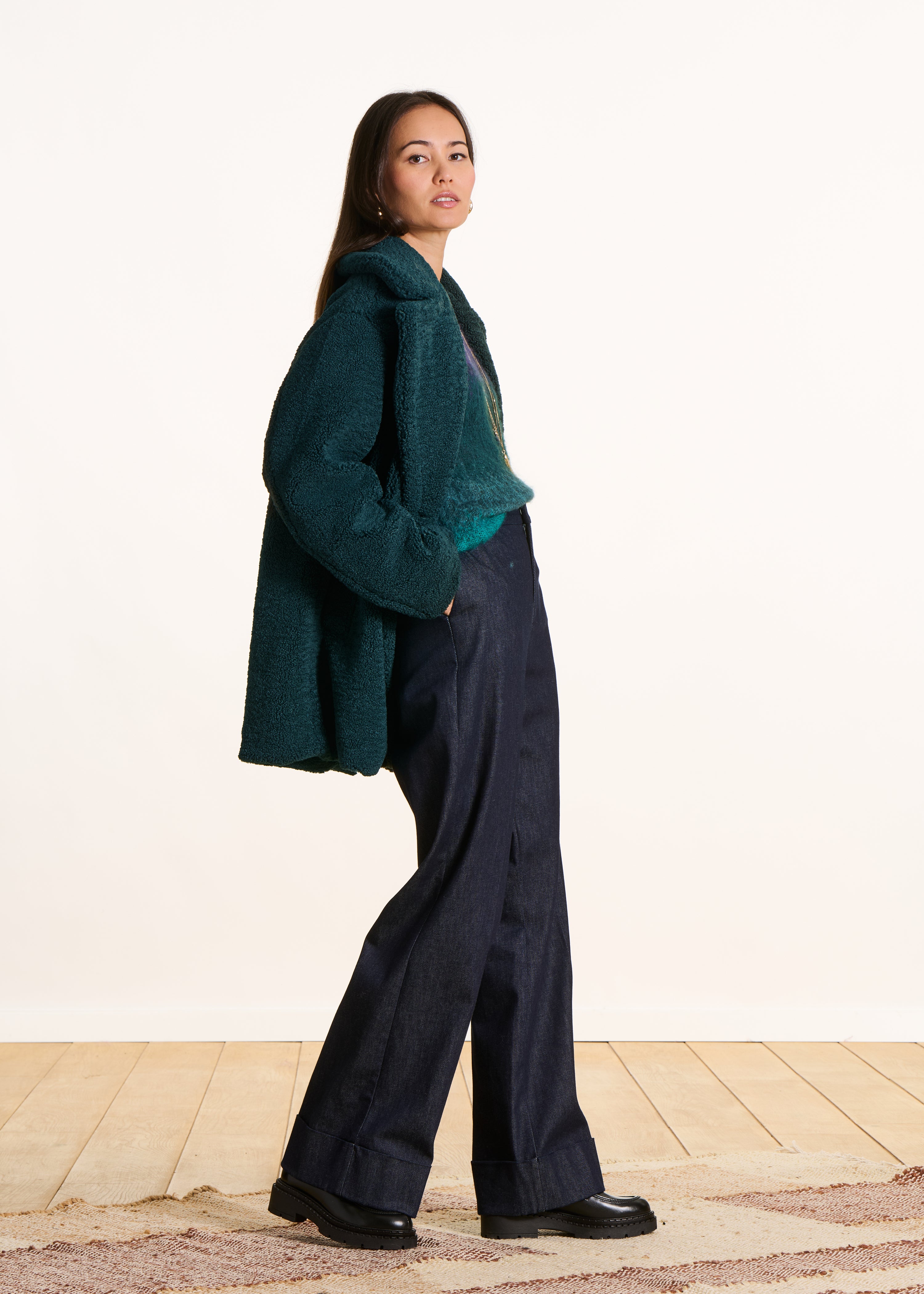 Manteau caban 3/4 vert à bouclette