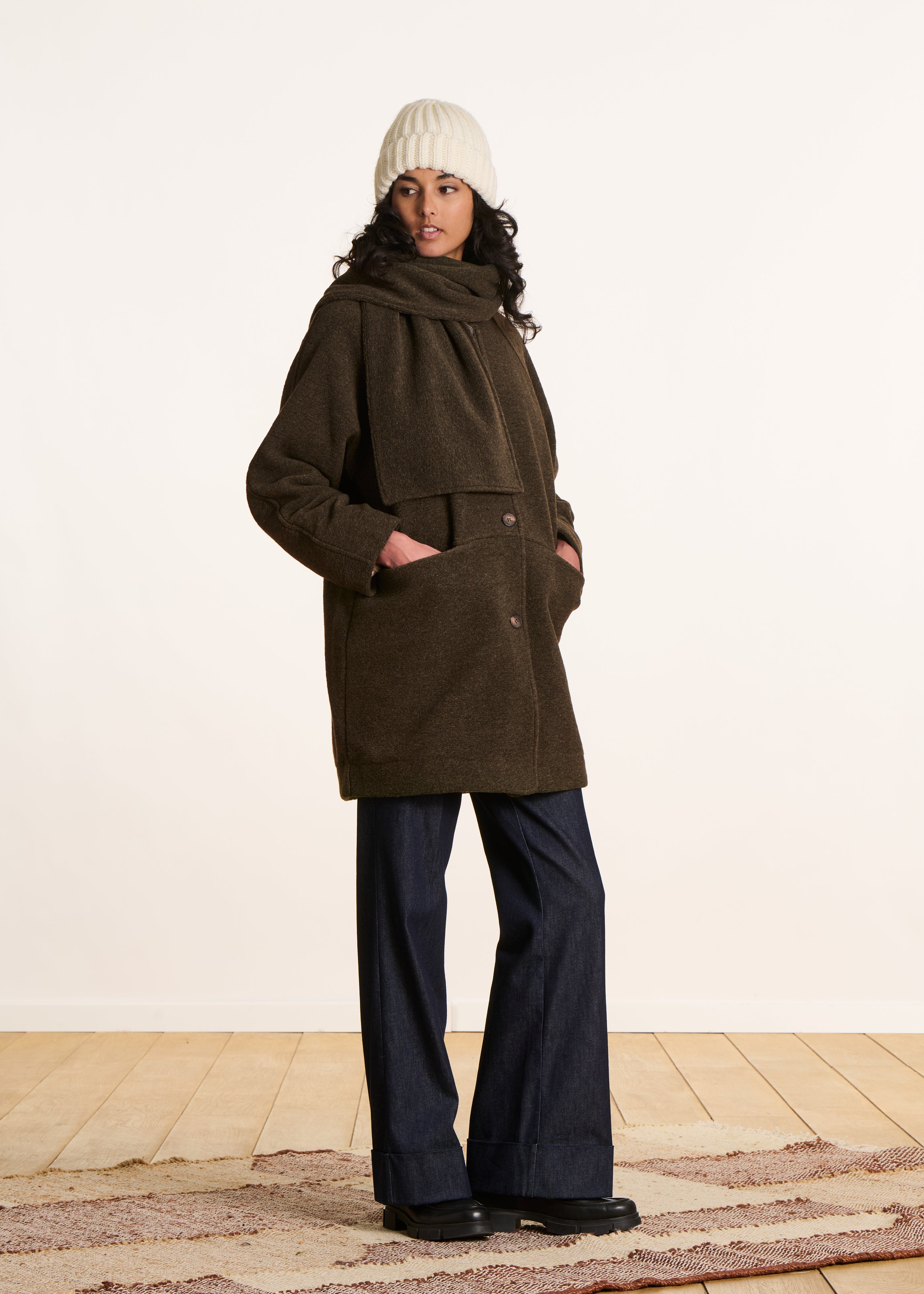 Manteau 3/4 ample marron en laine mélangée