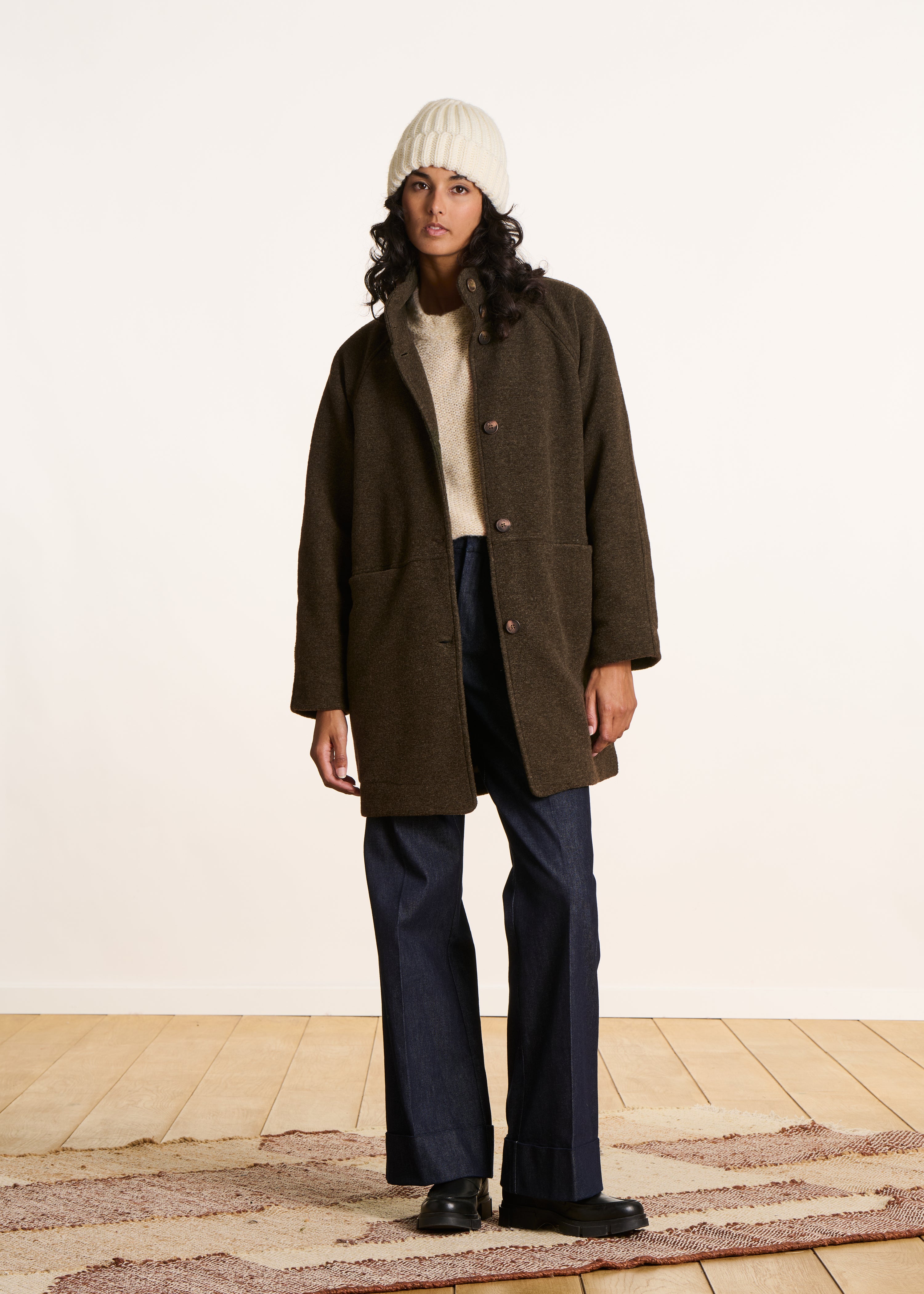 Manteau 3/4 ample marron en laine mélangée