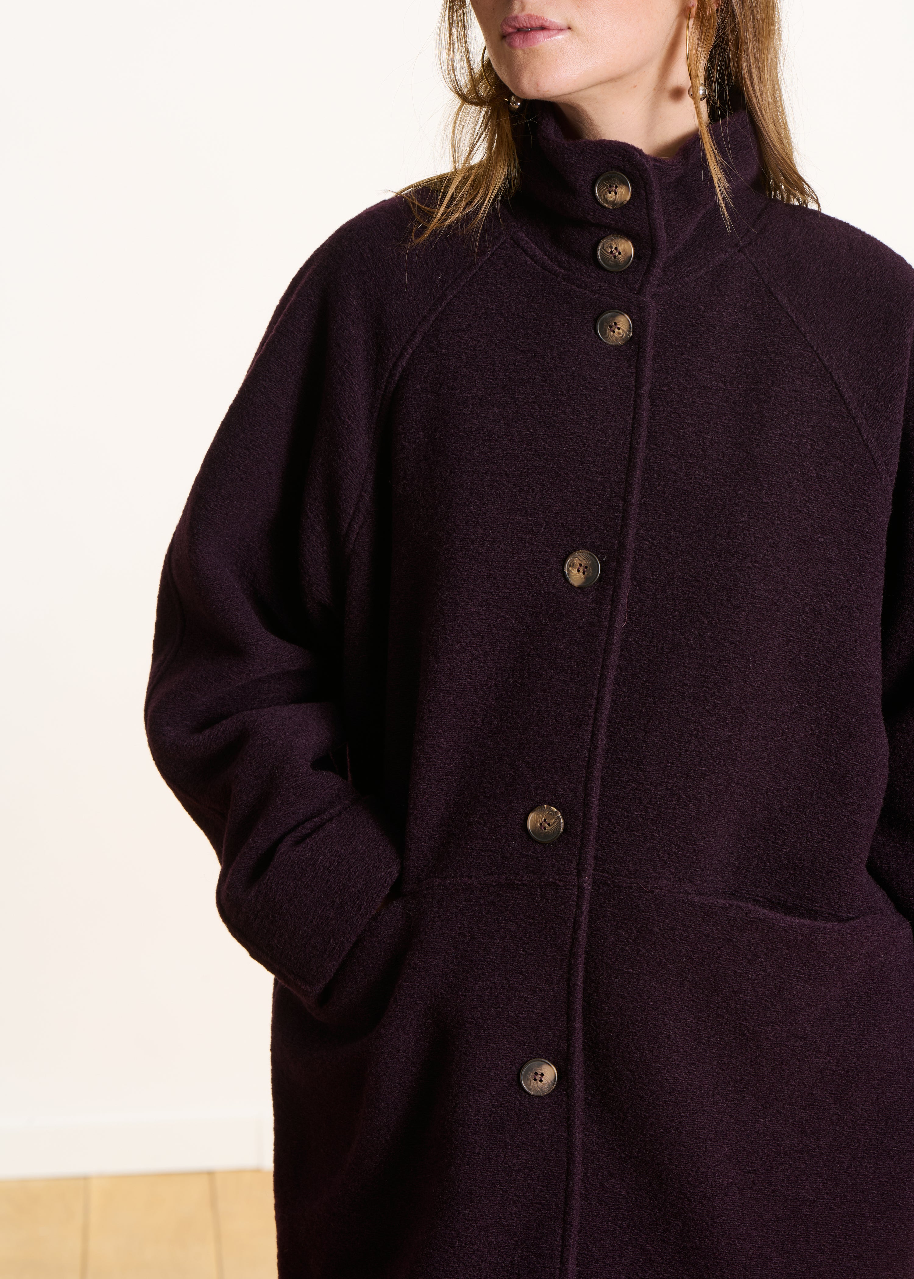 Loose 3/4 coat in plum mixed wool