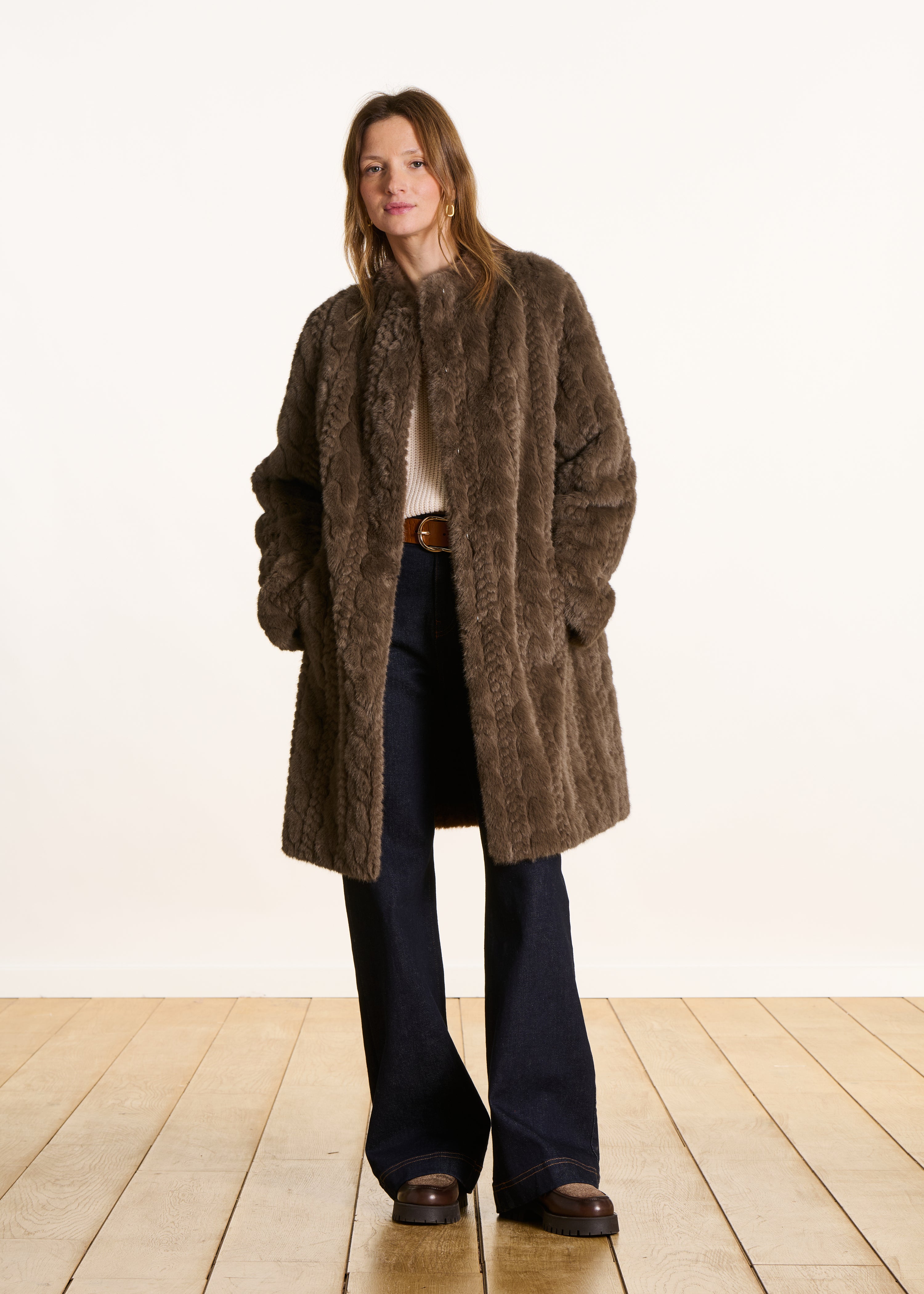Mid-length brown faux fur coat with pattern