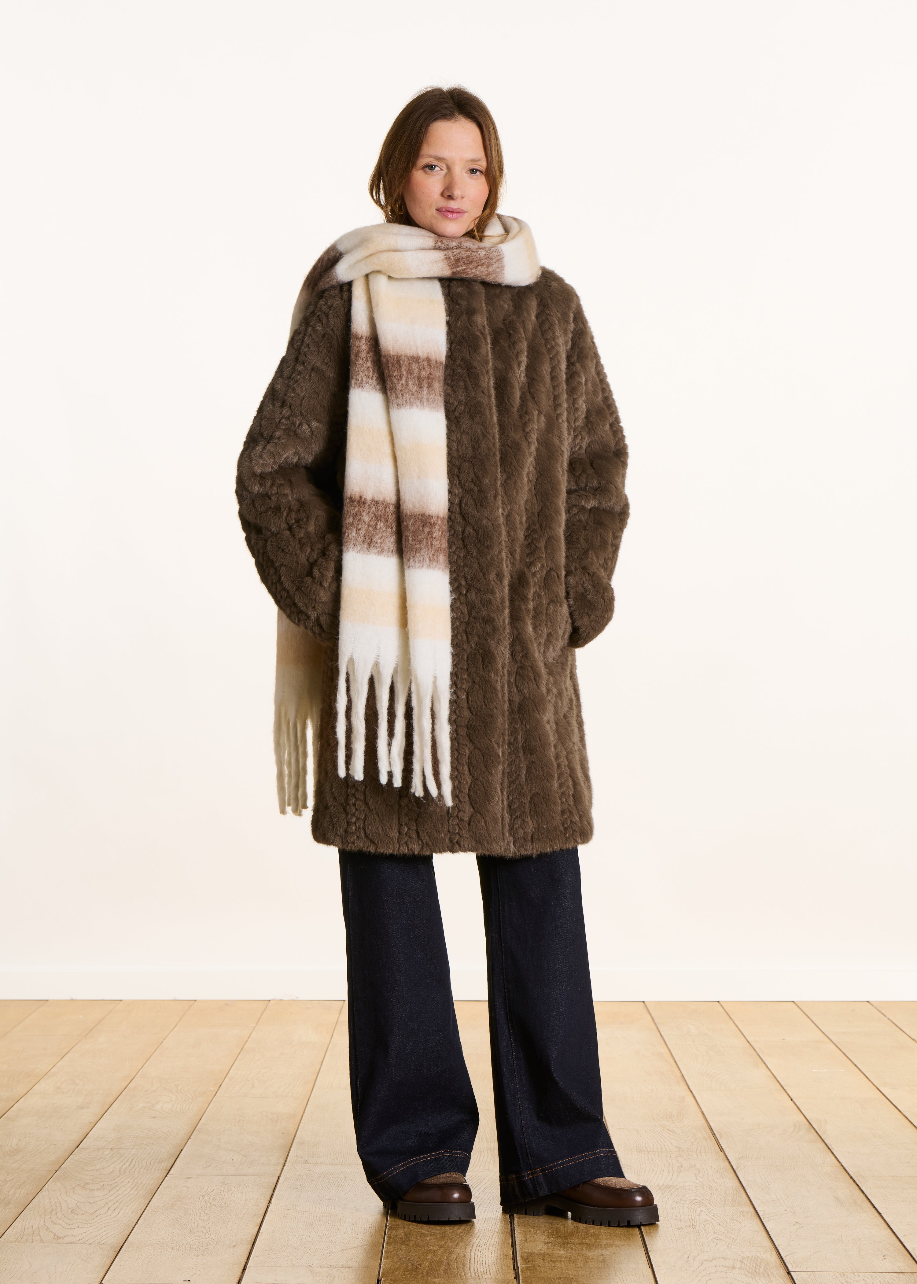 Mid-length brown faux fur coat with pattern