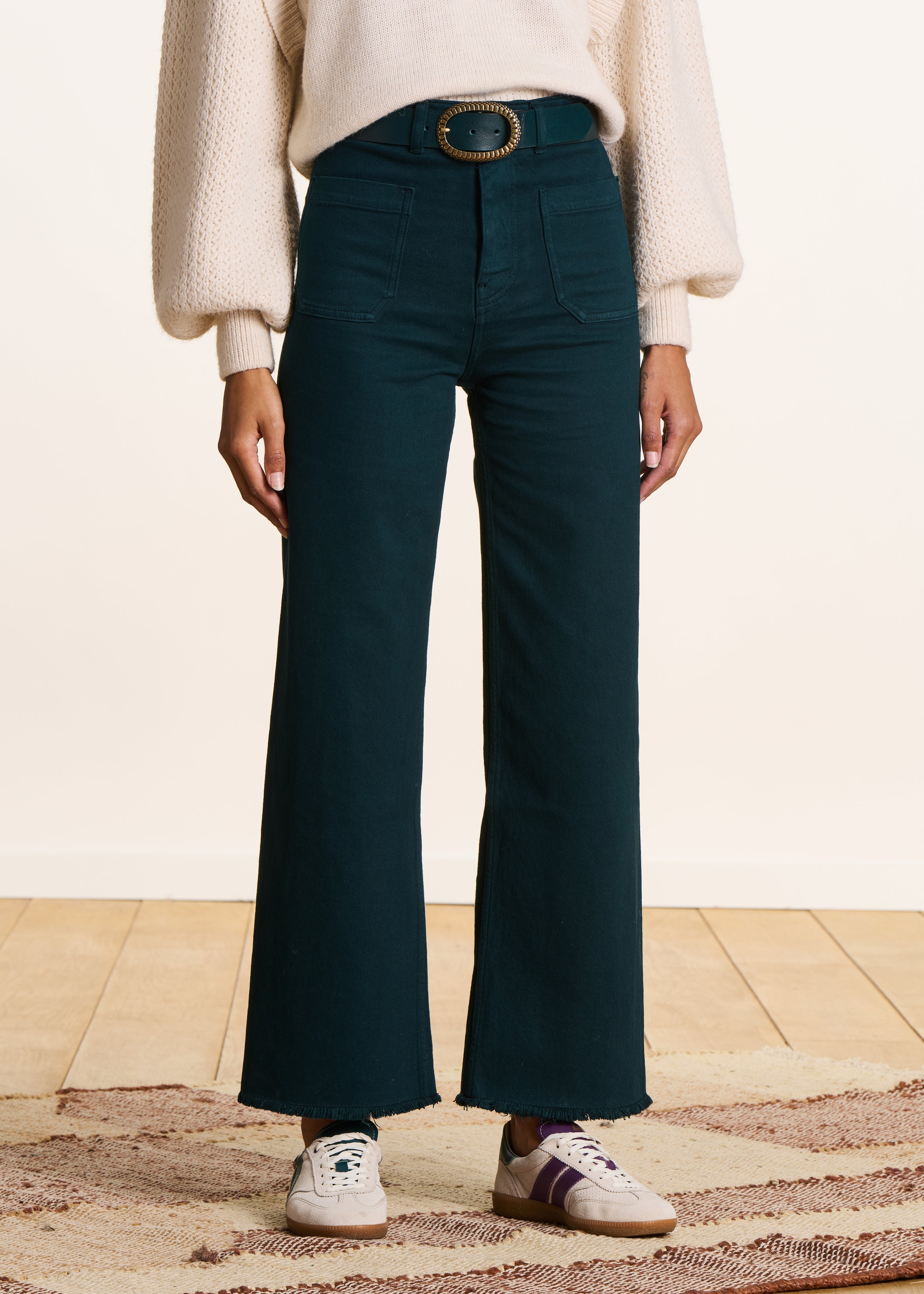 Jean bleu pétrole flare taille haute en coton biologique