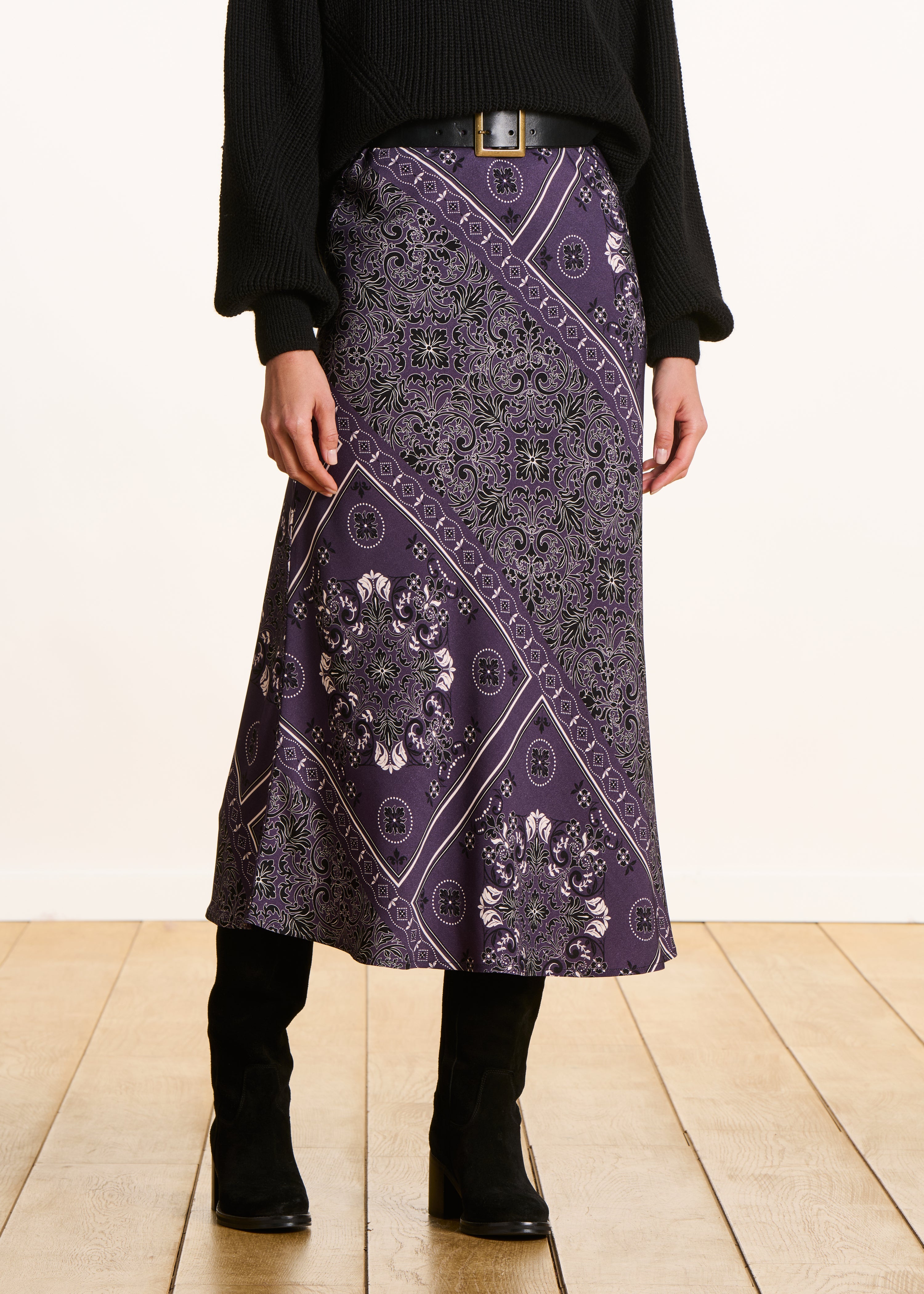 Jupe fluide en twill prune à imprimé foulard